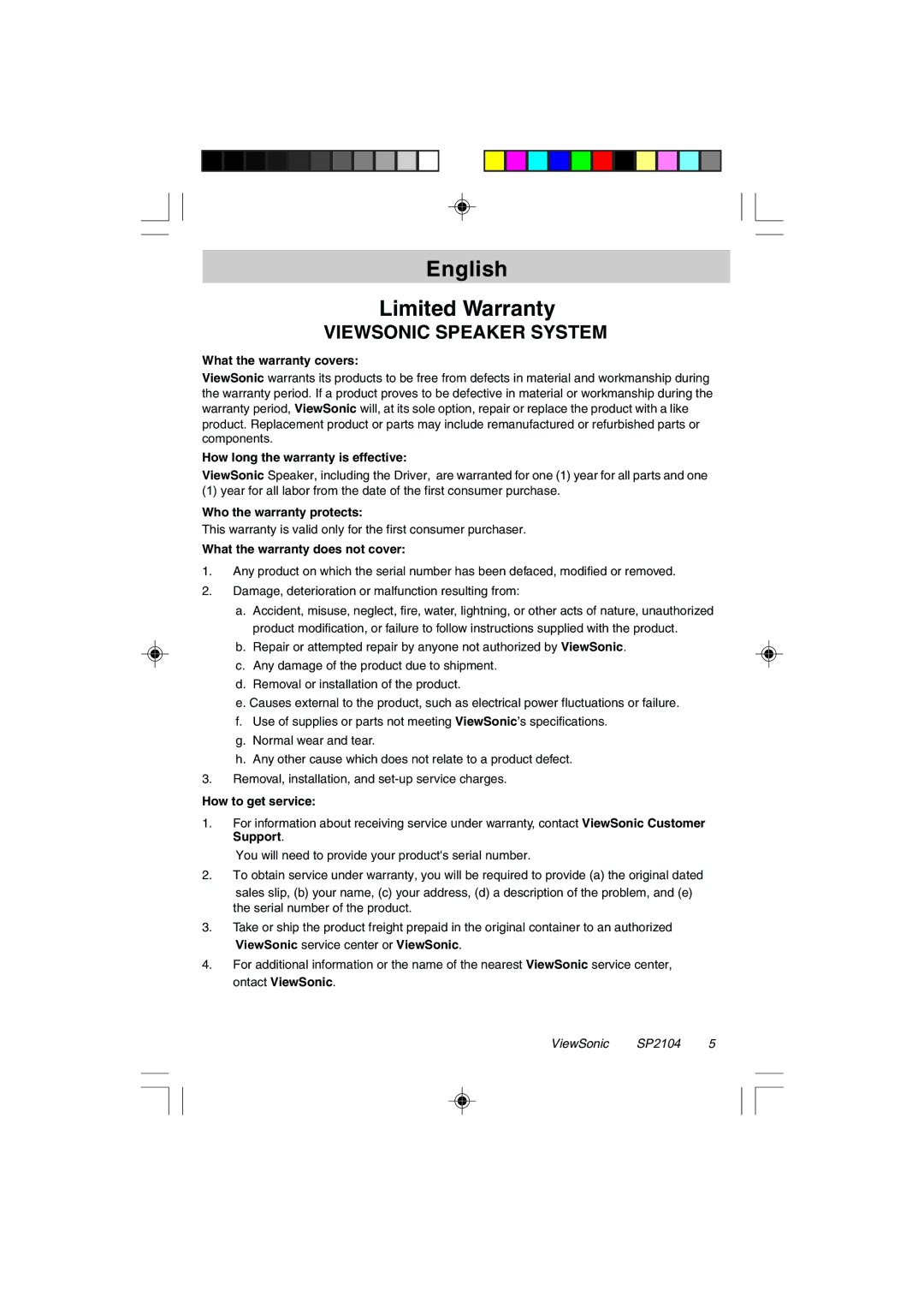 ViewSonic VSACC27952-1 specifications English Limited Warranty 