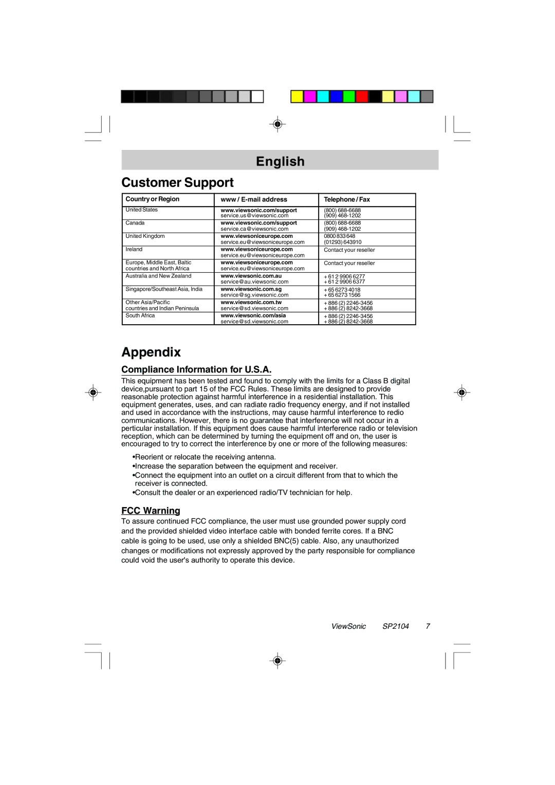 ViewSonic VSACC27952-1 specifications English Customer Support, Appendix, Compliance Information for U.S.A, FCC Warning 