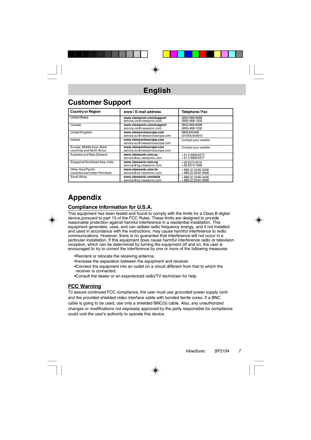 ViewSonic VSACC27952-1 English Customer Support, Appendix, Compliance Information for U.S.A, FCC Warning, ViewSonic SP2104 