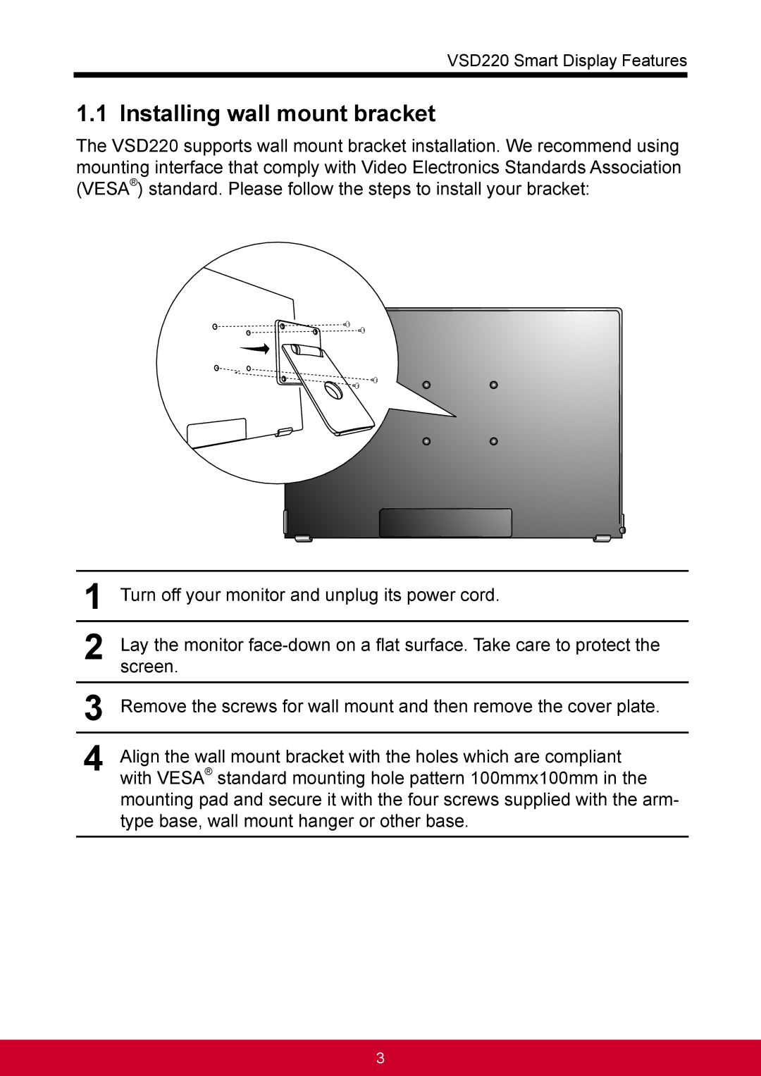 ViewSonic VSD220 manual Installing wall mount bracket 
