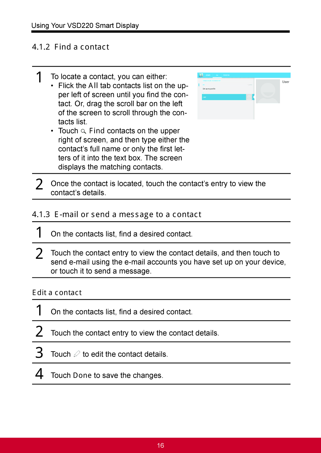ViewSonic VSD220 manual Find a contact, Mail or send a message to a contact, Edit a contact 