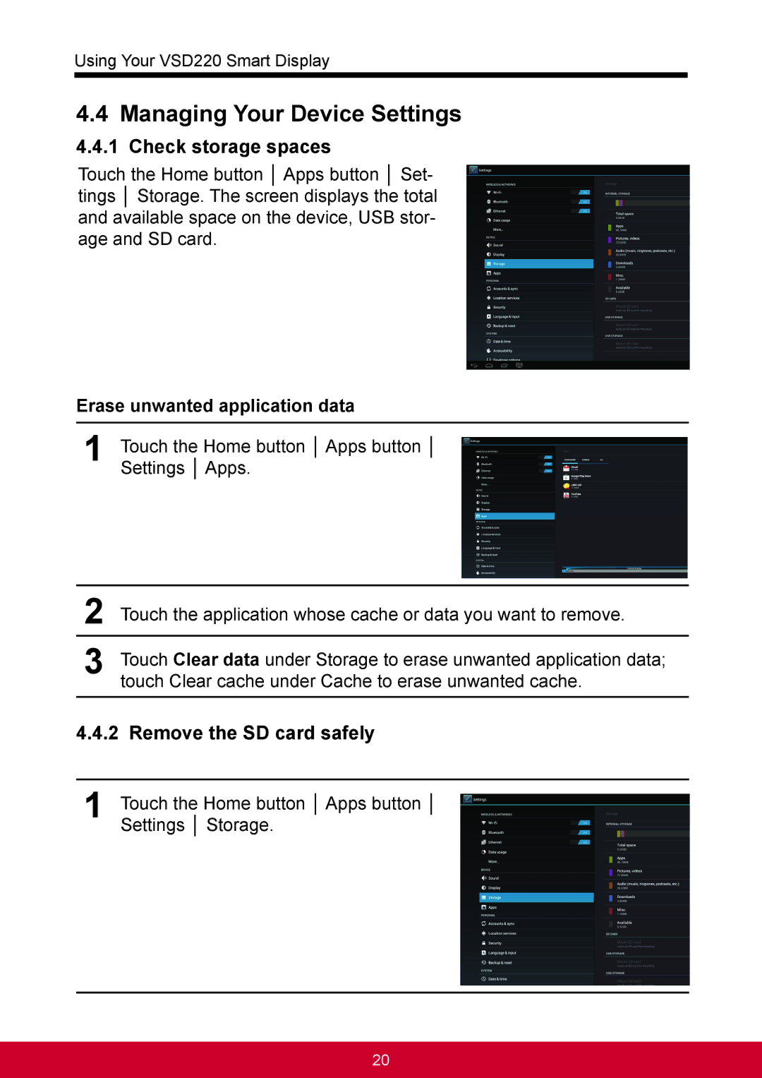 ViewSonic VSD220 manual Managing Your Device Settings, Check storage spaces, Remove the SD card safely 