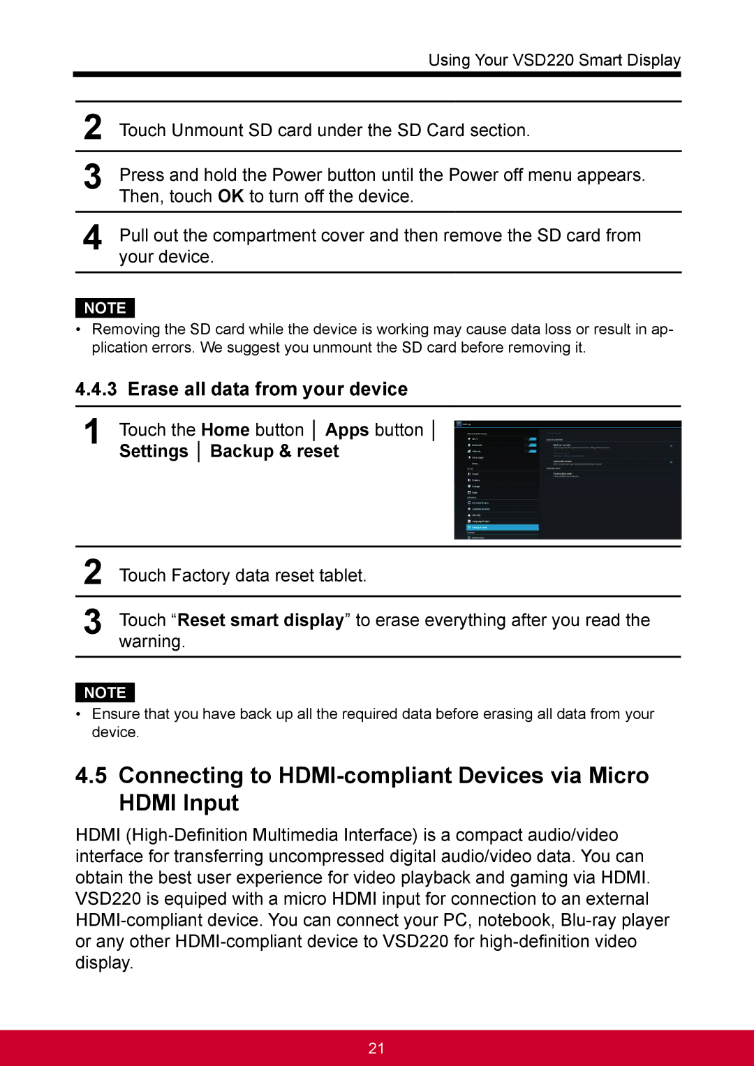 ViewSonic VSD220 manual Connecting to HDMI-compliant Devices via Micro Hdmi Input, Erase all data from your device 