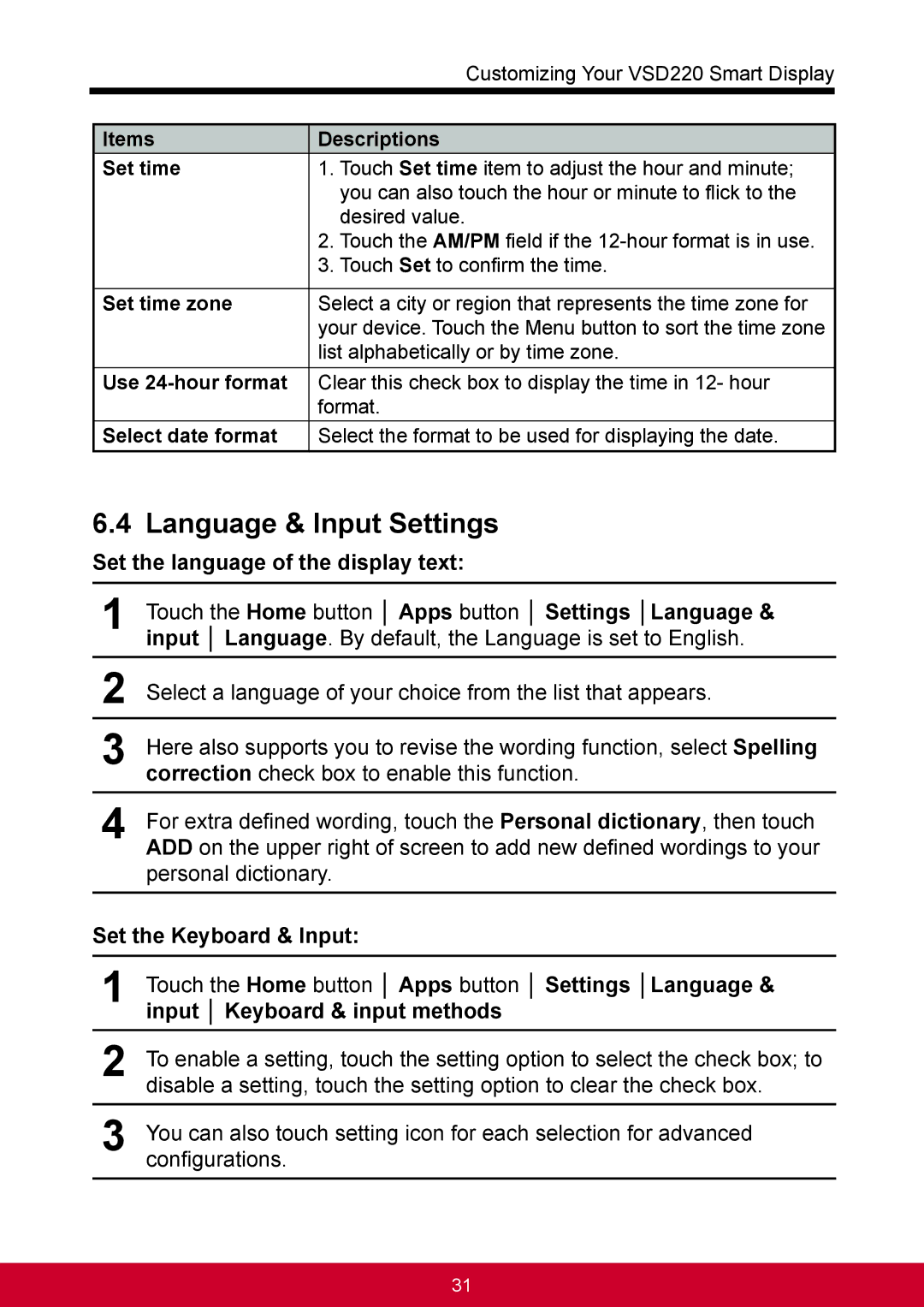 ViewSonic VSD220 manual Language & Input Settings, Set the language of the display text, Set the Keyboard & Input 