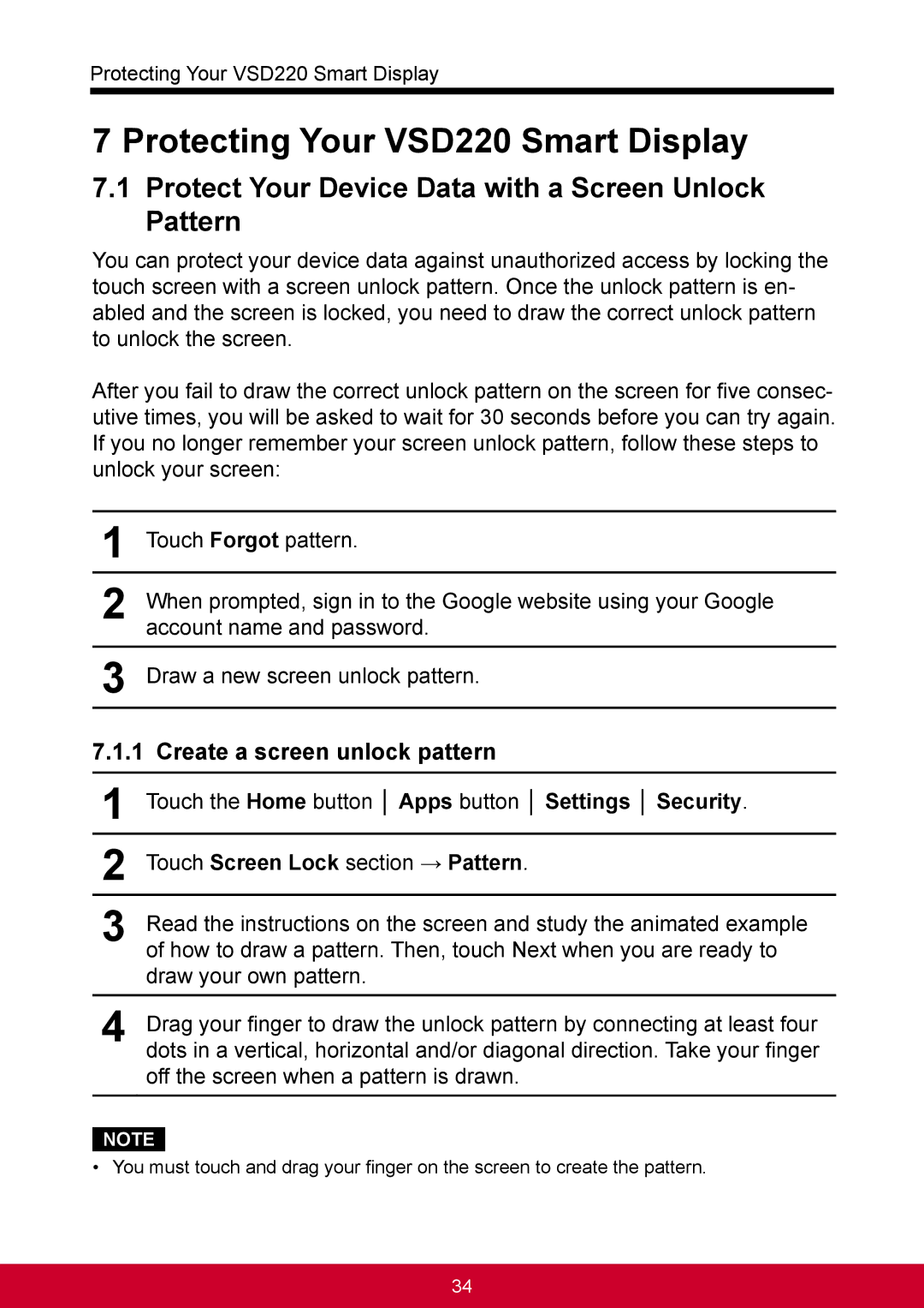 ViewSonic manual Protecting Your VSD220 Smart Display, Protect Your Device Data with a Screen Unlock Pattern 