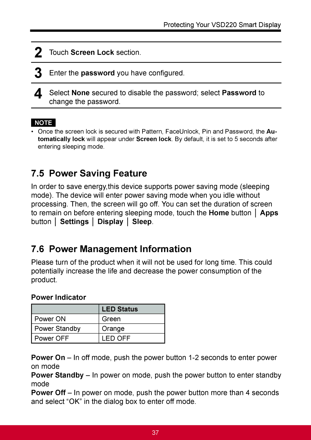 ViewSonic VSD220 manual Power Saving Feature, Power Management Information, Power Indicator, LED Status 