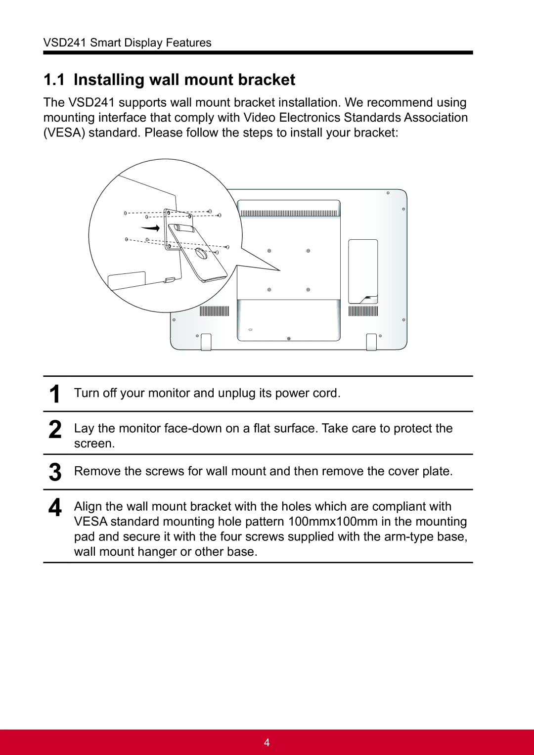 ViewSonic VSD241WTAUS0 manual Installing wall mount bracket 