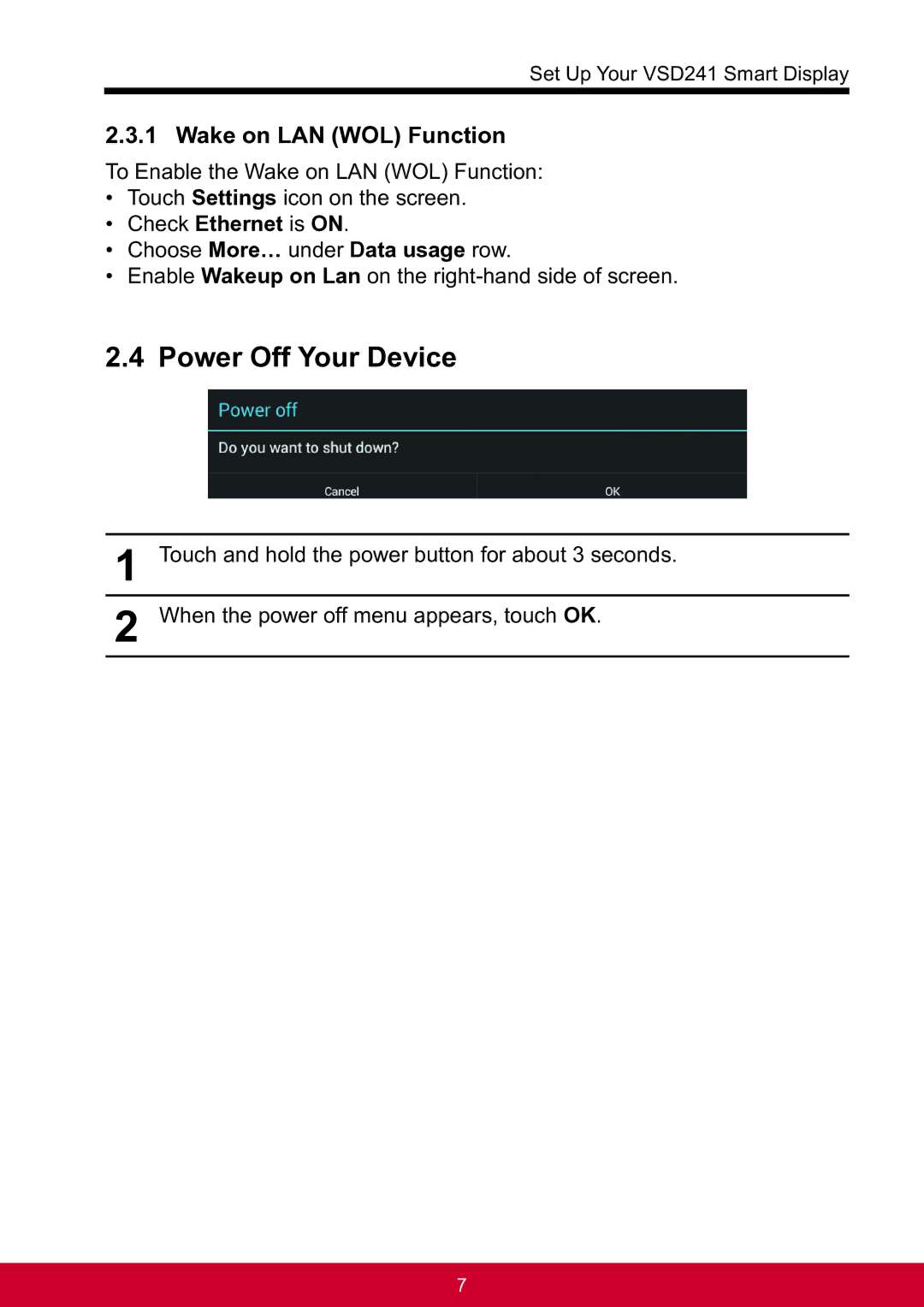 ViewSonic VSD241WTAUS0 manual Power Off Your Device, Wake on LAN WOL Function, Check Ethernet is on 