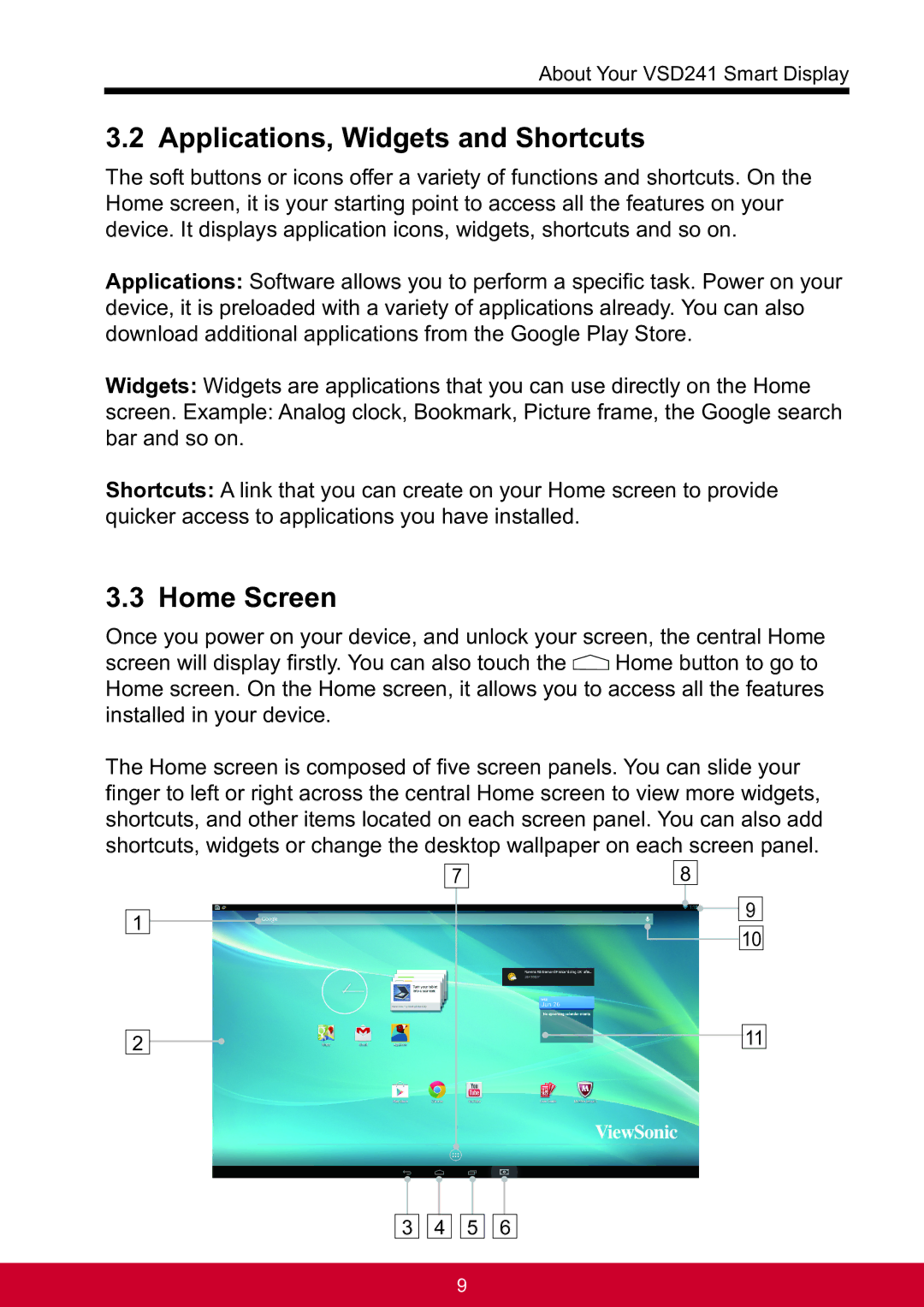 ViewSonic VSD241WTAUS0 manual Applications, Widgets and Shortcuts, Home Screen 