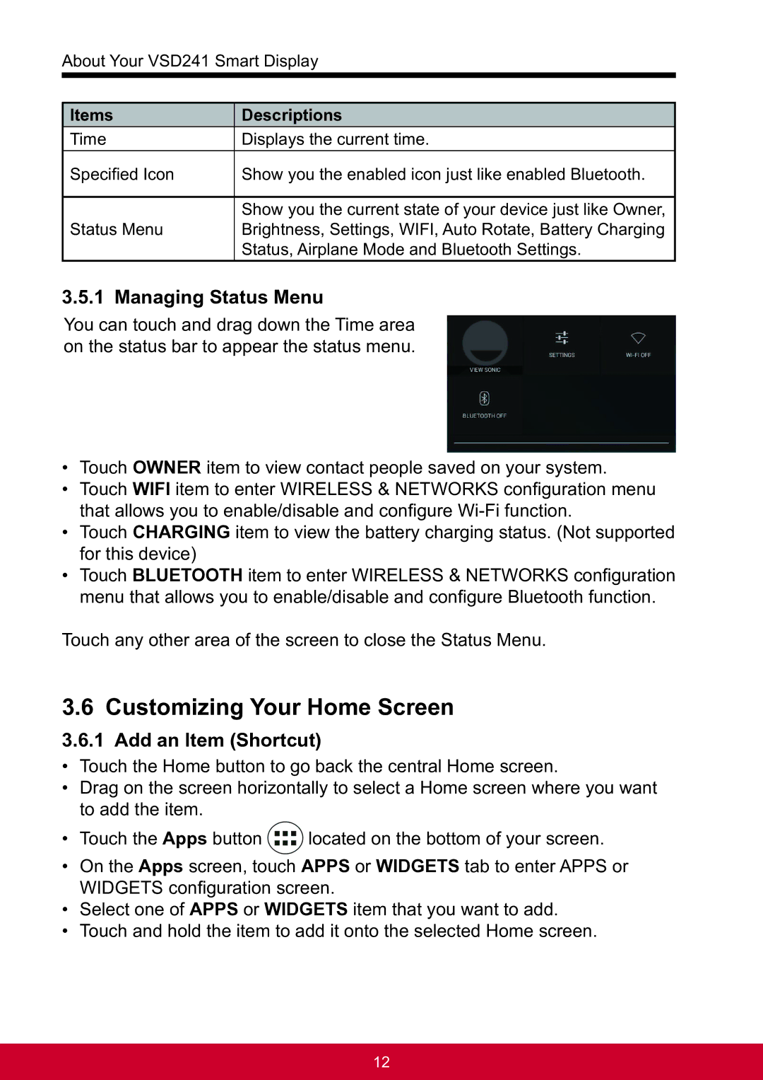 ViewSonic VSD241WTAUS0 manual Customizing Your Home Screen, Managing Status Menu, Add an Item Shortcut 