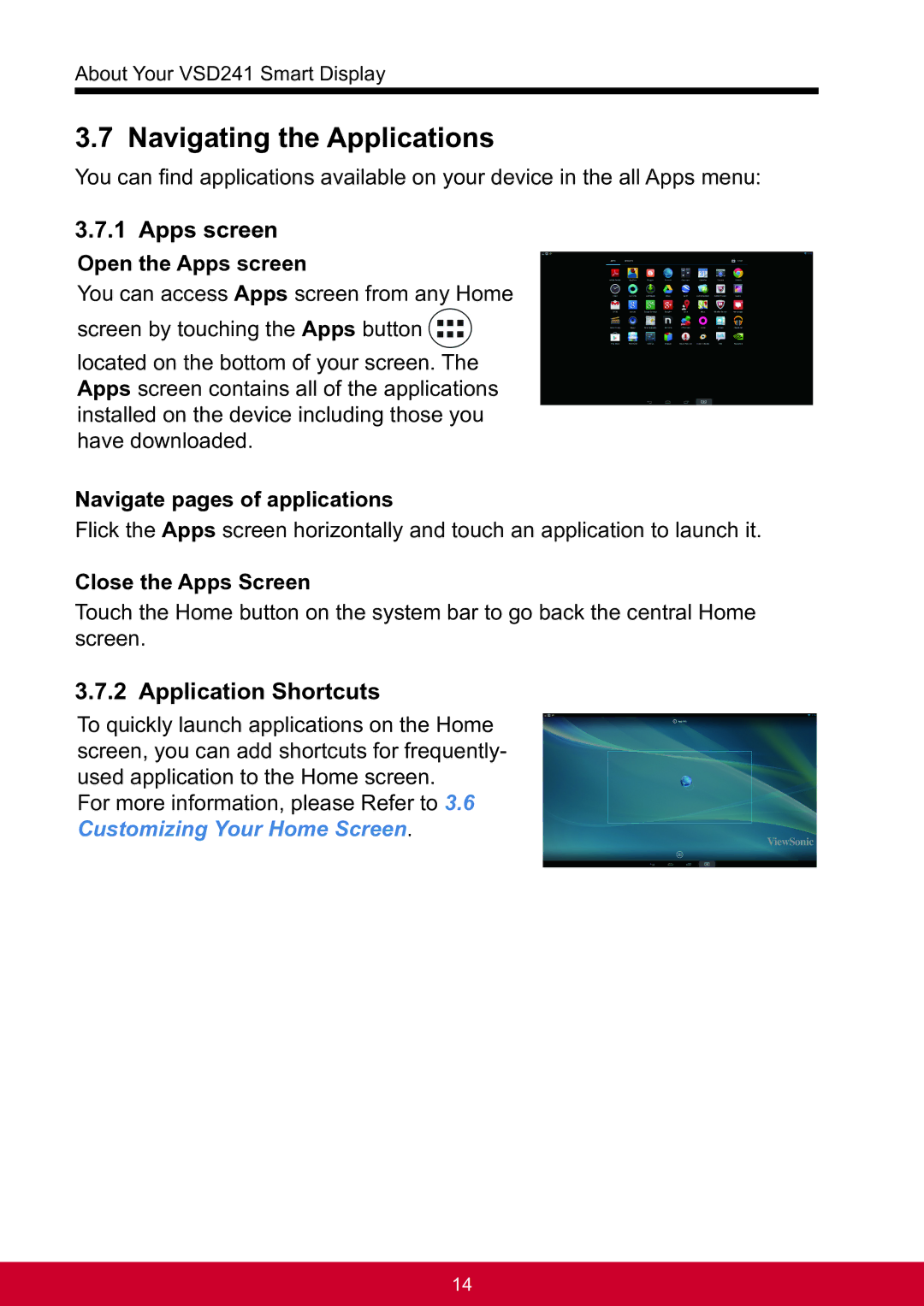 ViewSonic VSD241WTAUS0 manual Navigating the Applications, Apps screen, Application Shortcuts 