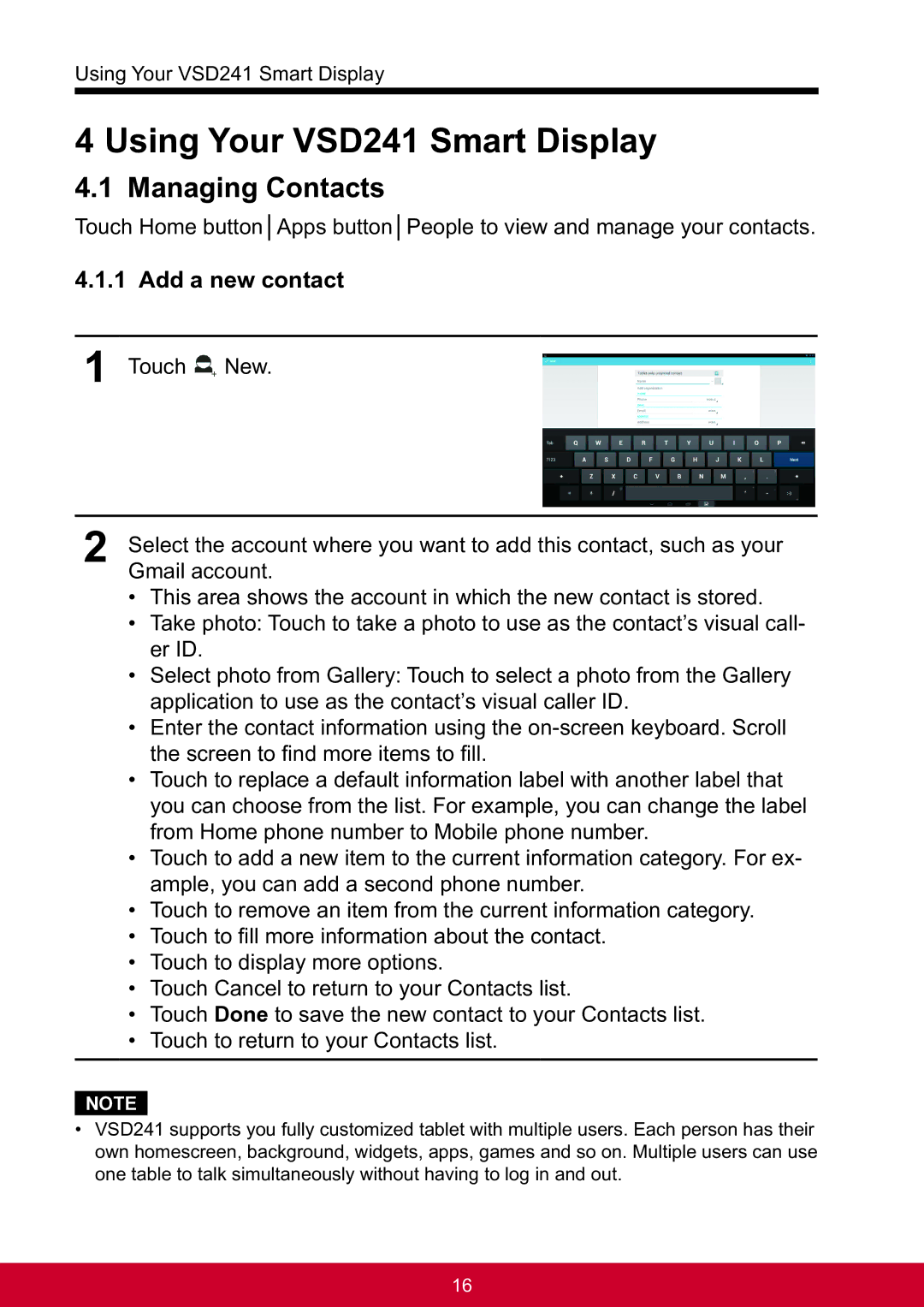 ViewSonic VSD241WTAUS0 manual Using Your VSD241 Smart Display, Managing Contacts, Add a new contact 