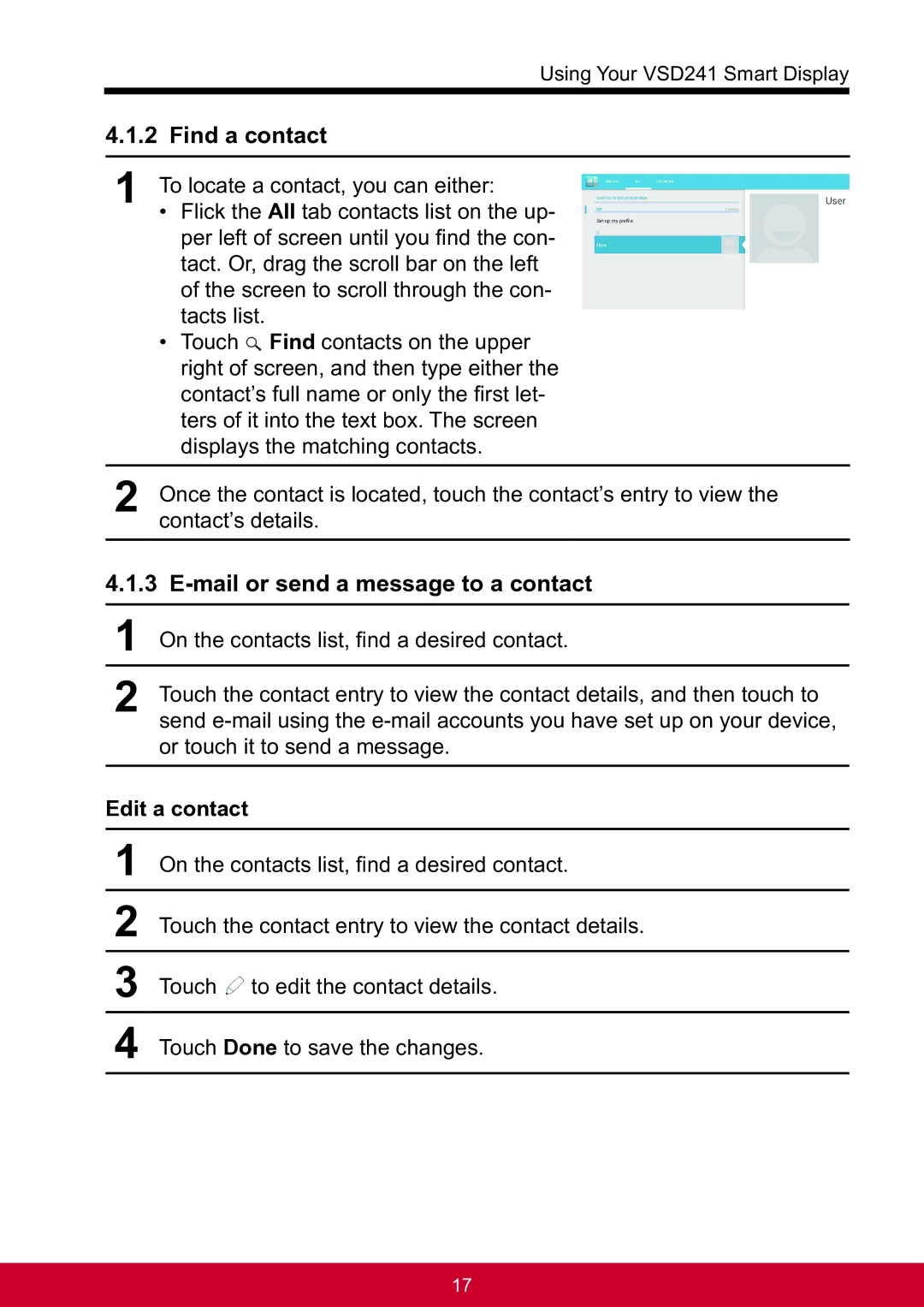 ViewSonic VSD241WTAUS0 manual Find a contact, Mail or send a message to a contact, Edit a contact 
