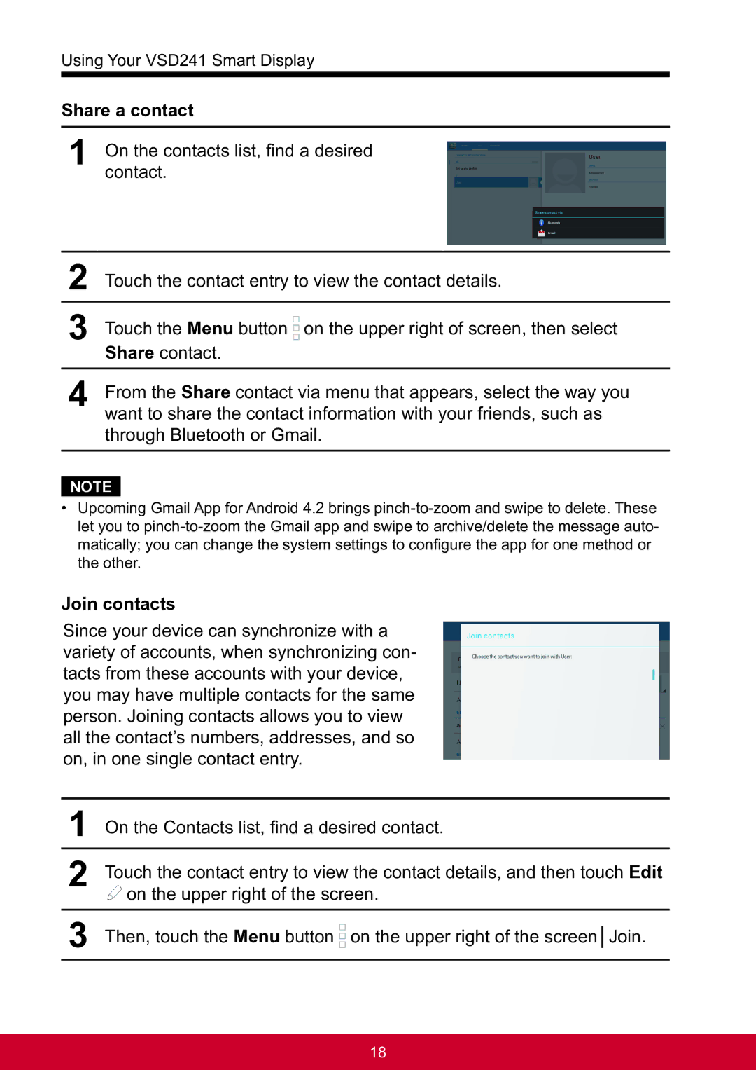 ViewSonic VSD241WTAUS0 manual Share a contact, Contact, Share contact, Through Bluetooth or Gmail, Join contacts 