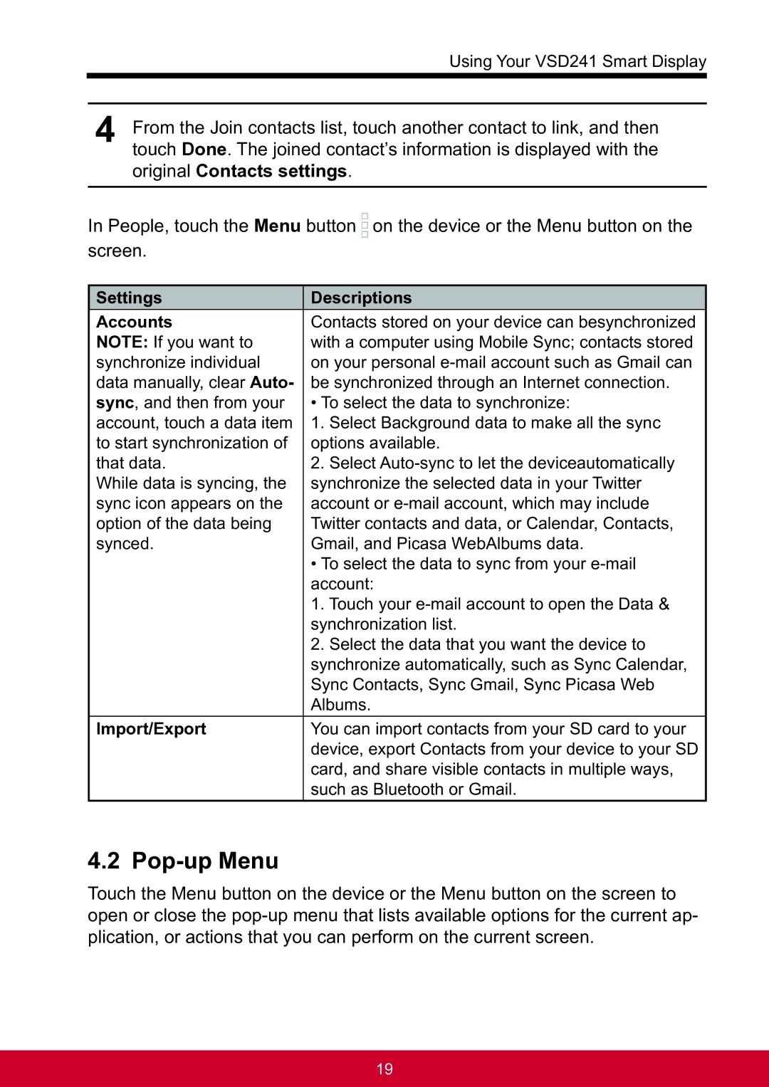 ViewSonic VSD241WTAUS0 manual Pop-up Menu, Original Contacts settings, Settings Descriptions Accounts, Import/Export 