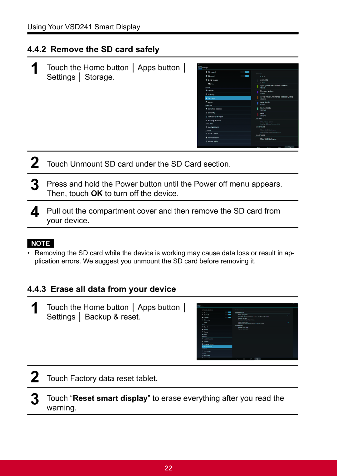 ViewSonic VSD241WTAUS0 manual Remove the SD card safely, Erase all data from your device 