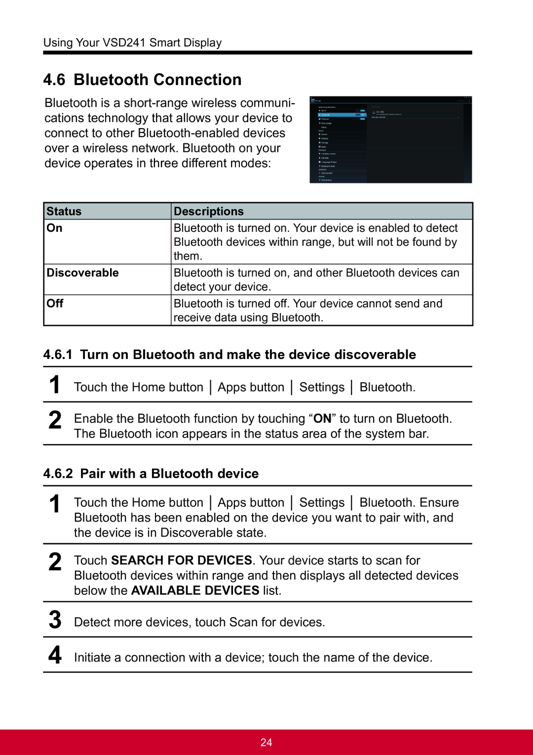 ViewSonic VSD241WTAUS0 manual Bluetooth Connection, Turn on Bluetooth and make the device discoverable 