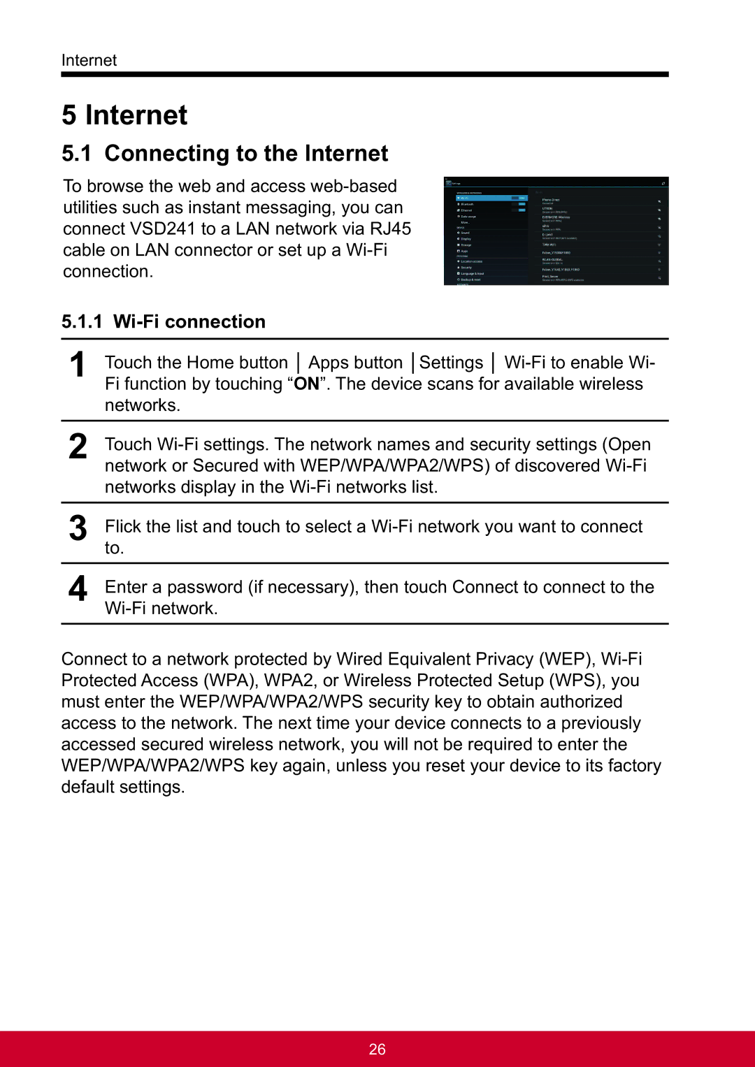 ViewSonic VSD241WTAUS0 manual Connecting to the Internet, Wi-Fi connection 