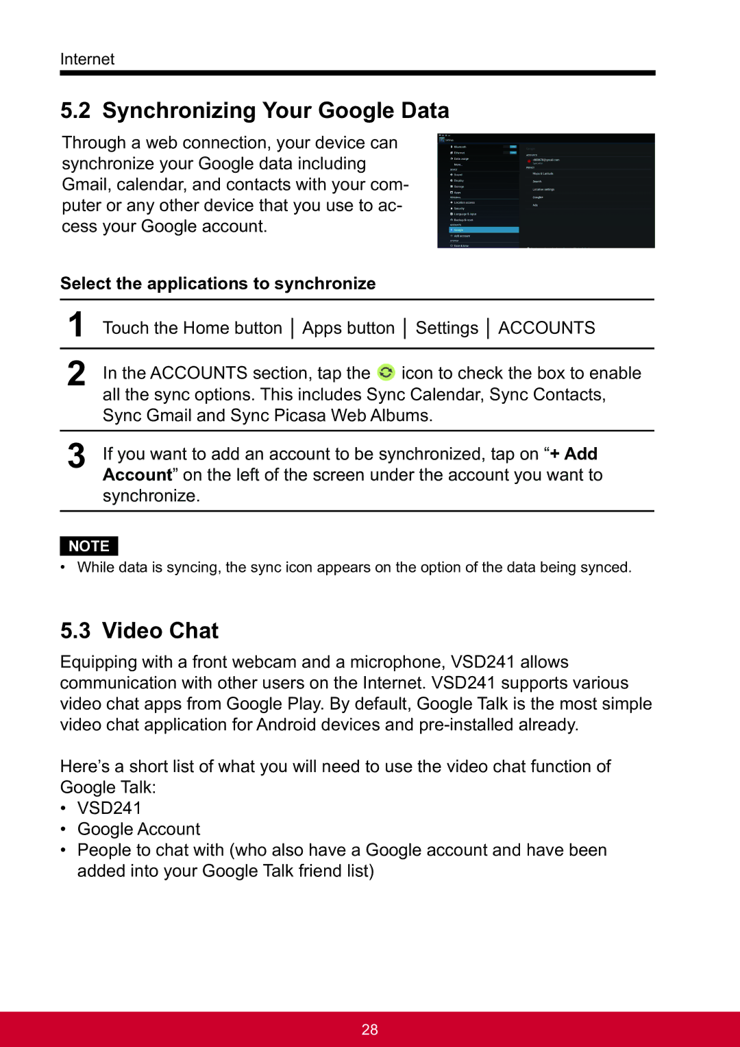 ViewSonic VSD241WTAUS0 manual Synchronizing Your Google Data, Video Chat, Select the applications to synchronize 