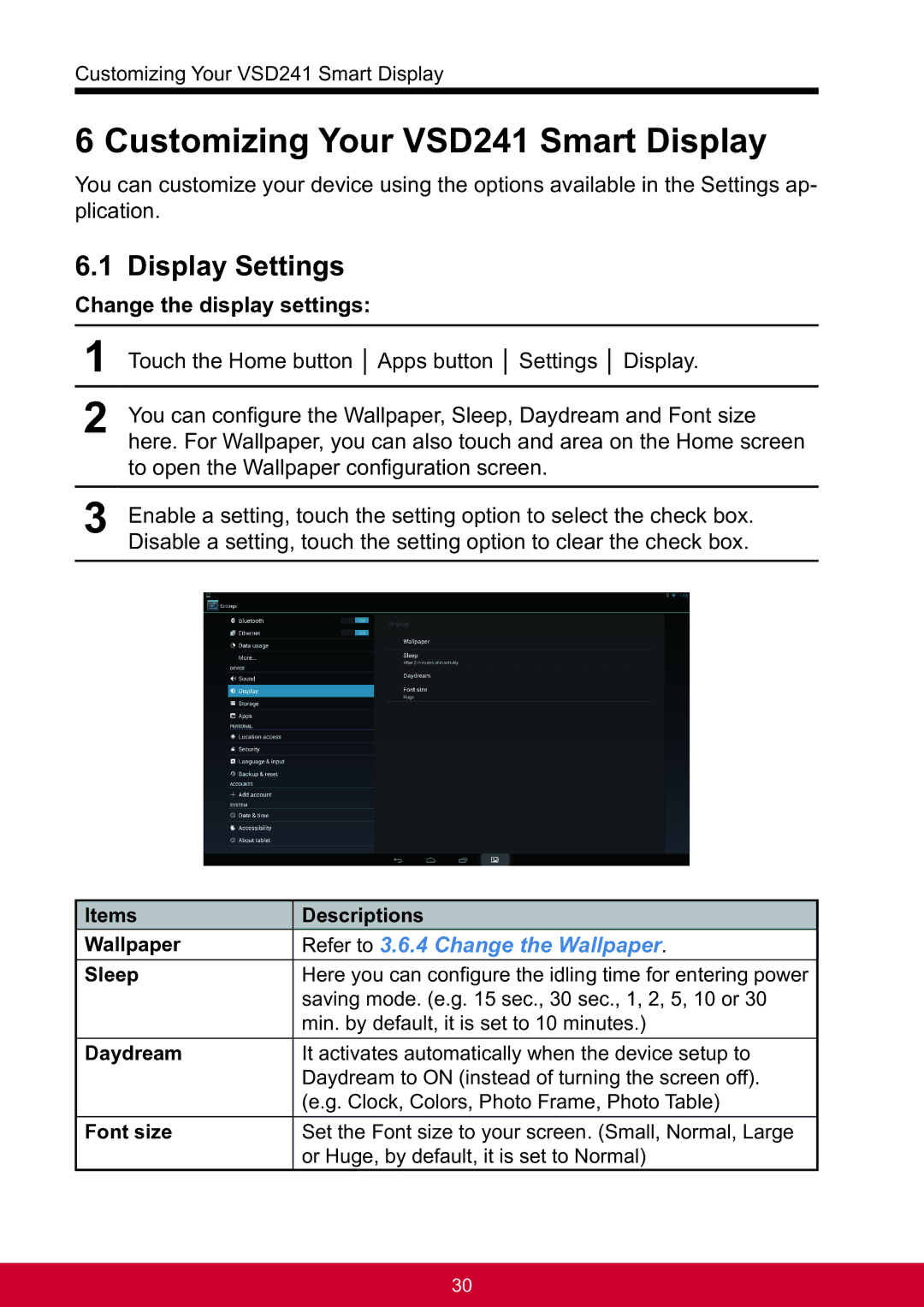 ViewSonic VSD241WTAUS0 manual Customizing Your VSD241 Smart Display, Display Settings, Change the display settings 