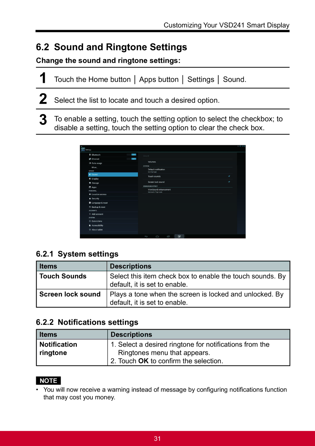 ViewSonic VSD241WTAUS0 manual Sound and Ringtone Settings, System settings, Notifications settings 