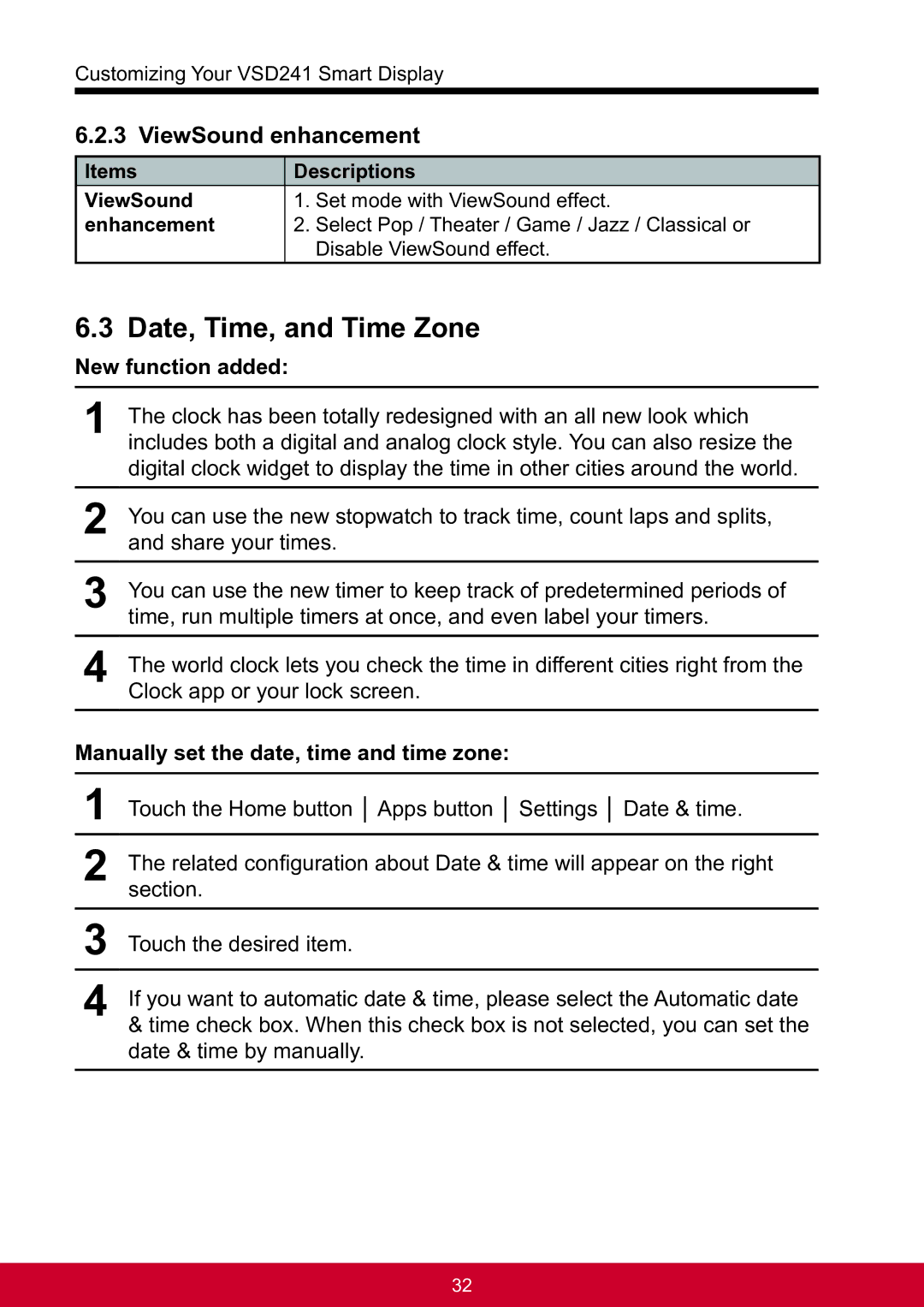 ViewSonic VSD241WTAUS0 manual Date, Time, and Time Zone, ViewSound enhancement, New function added 