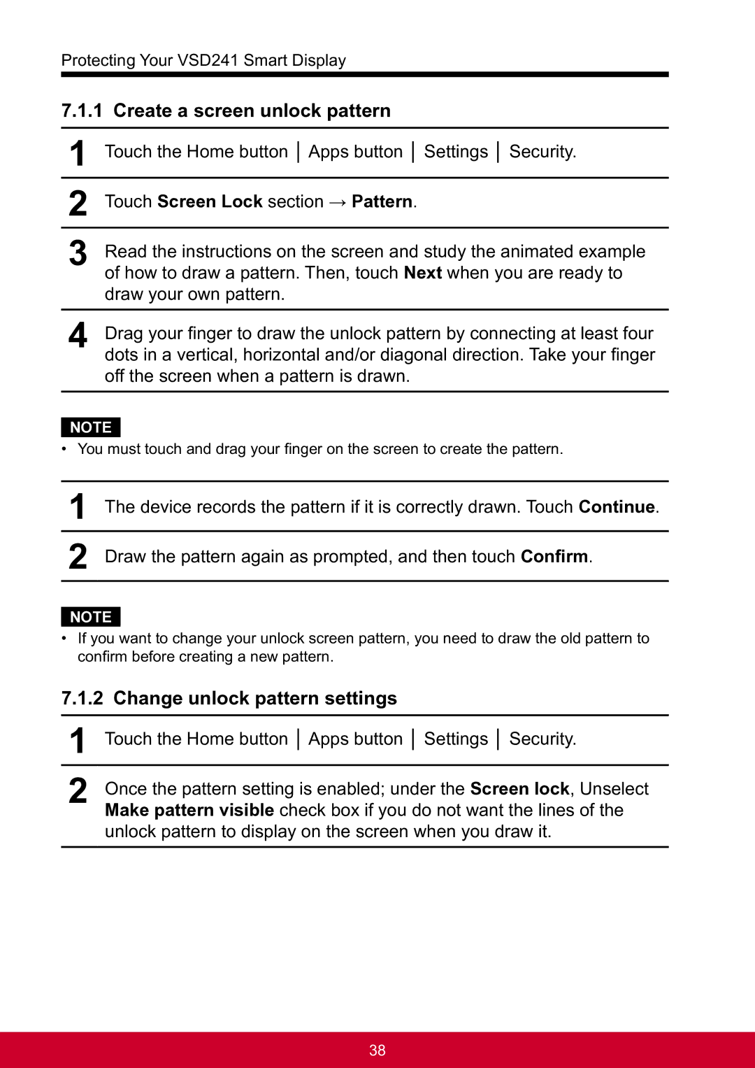 ViewSonic VSD241WTAUS0 Create a screen unlock pattern, Change unlock pattern settings, Touch Screen Lock section → Pattern 