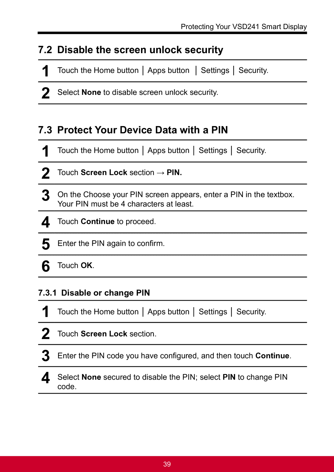 ViewSonic VSD241WTAUS0 Disable the screen unlock security, Protect Your Device Data with a PIN, Disable or change PIN 