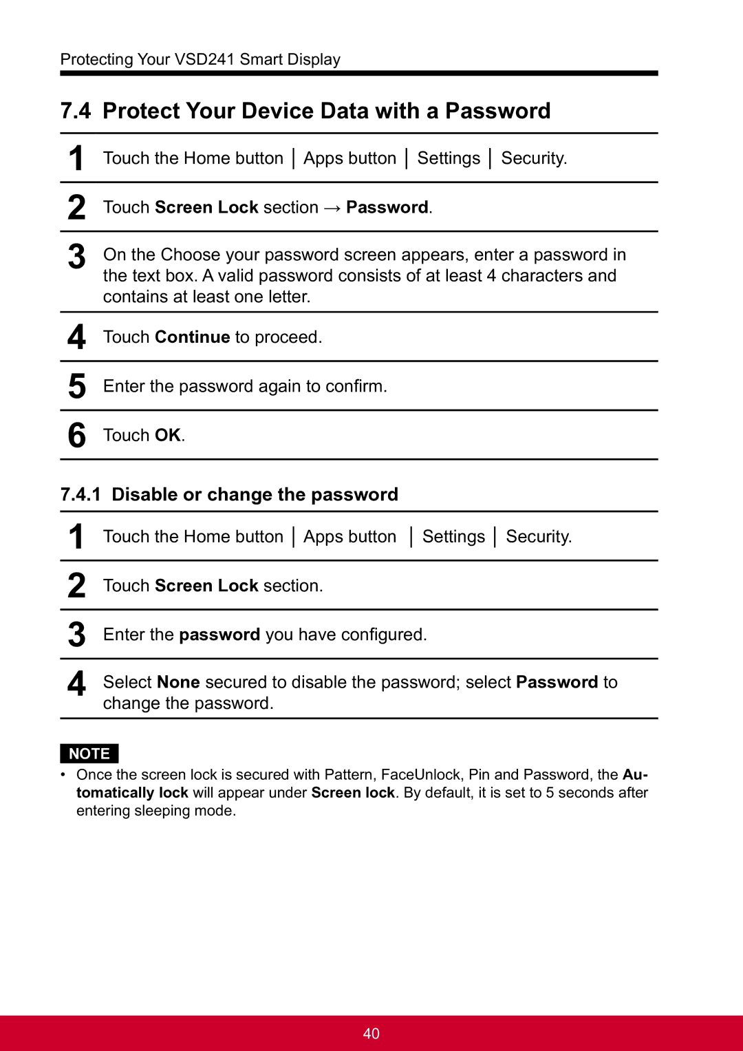 ViewSonic VSD241WTAUS0 manual Protect Your Device Data with a Password, Disable or change the password 