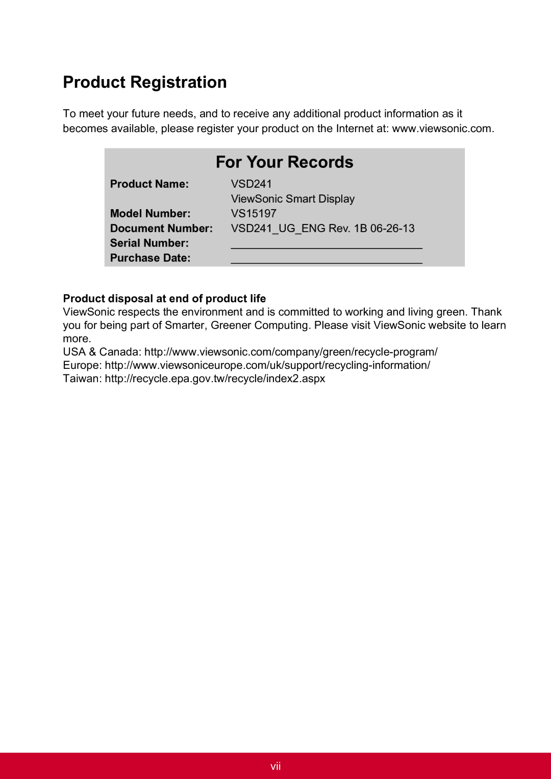 ViewSonic VSD241WTAUS0 manual Product Registration For Your Records 