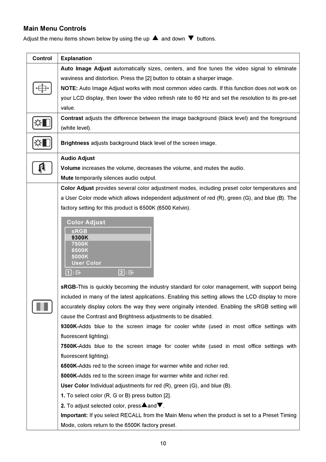 ViewSonic VSXXXXX service manual Main Menu Controls, Control Explanation, Audio Adjust 