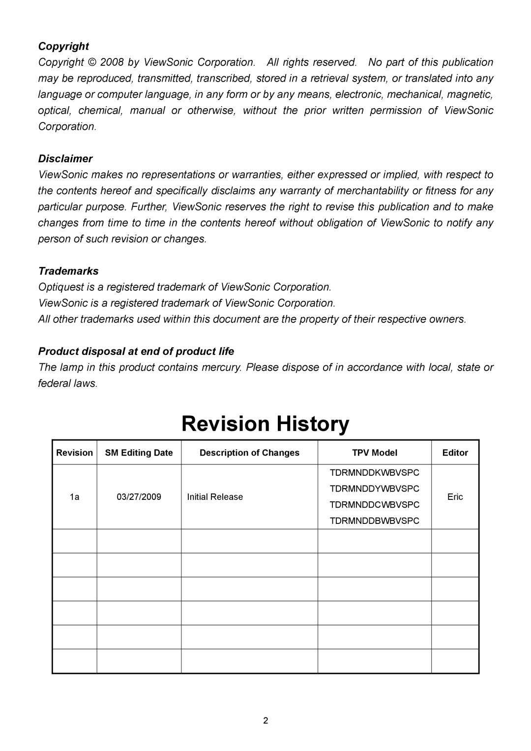 ViewSonic VSXXXXX service manual Tdrmnddkwbvspc, Tdrmnddywbvspc, Tdrmnddcwbvspc, Tdrmnddbwbvspc 