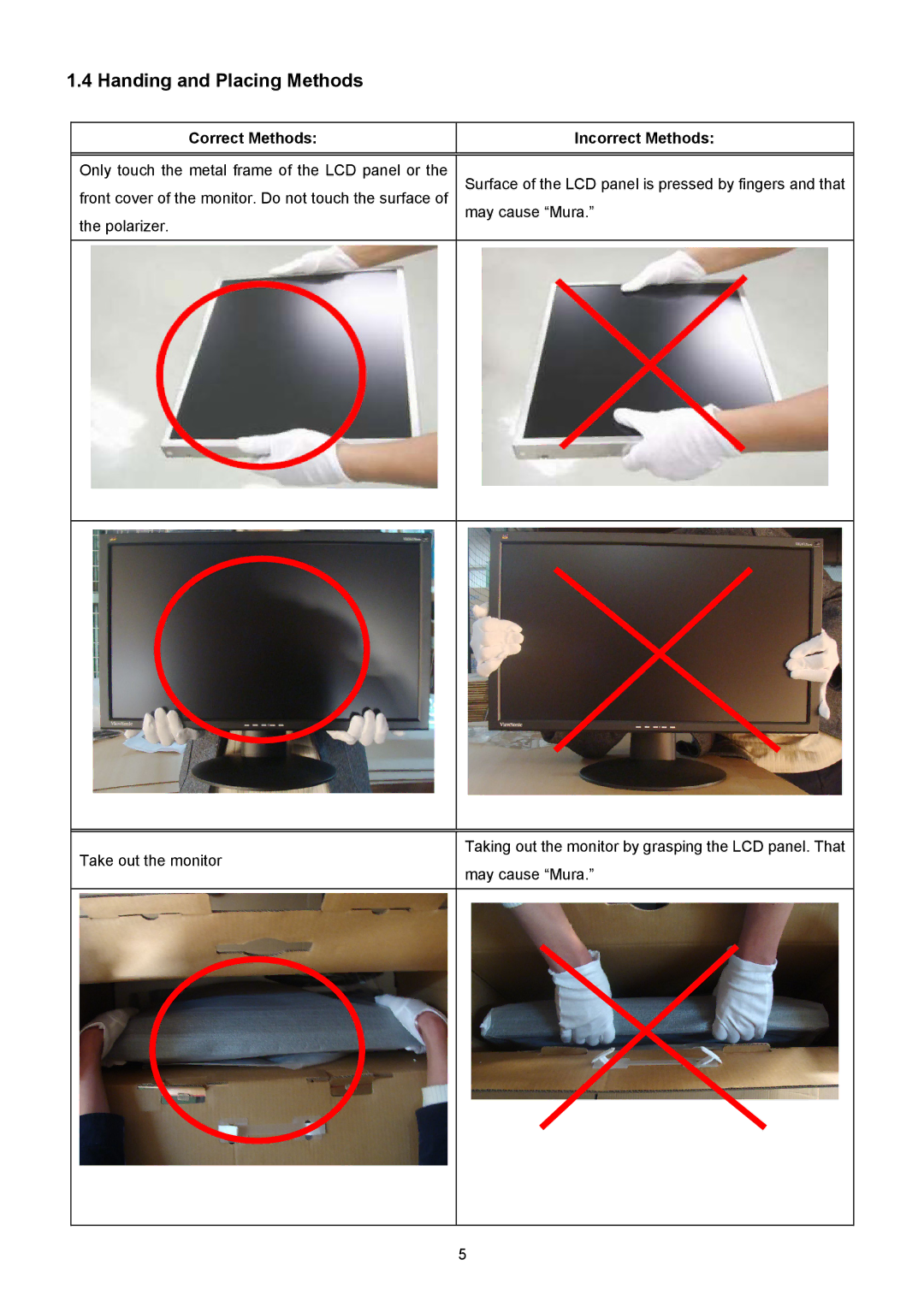 ViewSonic VSXXXXX service manual Handing and Placing Methods, Correct Methods Incorrect Methods 