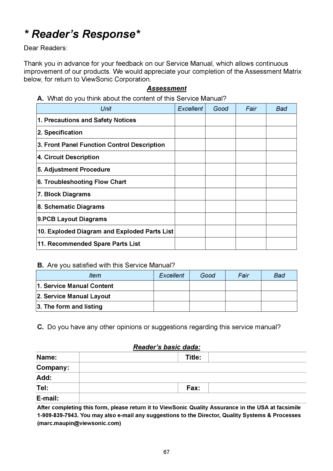 ViewSonic VSXXXXX service manual Reader’s Response, Name Company Add Tel Mail Title Fax 