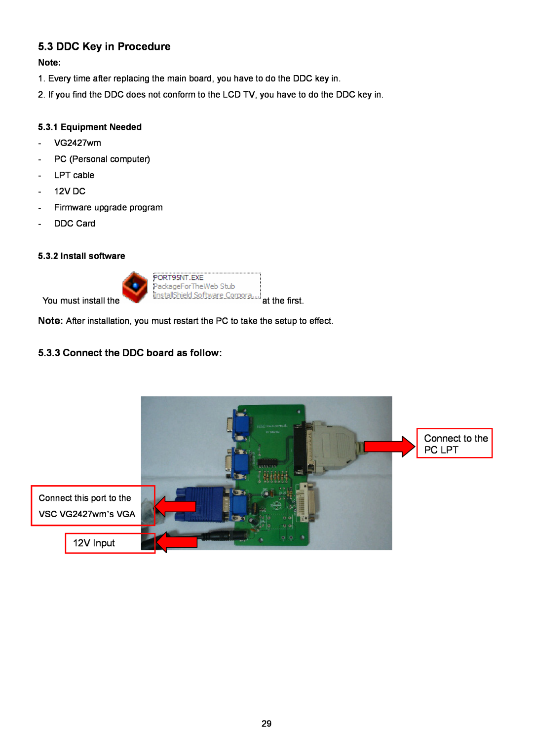 ViewSonic VSXXXXX service manual DDC Key in Procedure, Connect the DDC board as follow, Connect to the PC LPT, 12V Input 