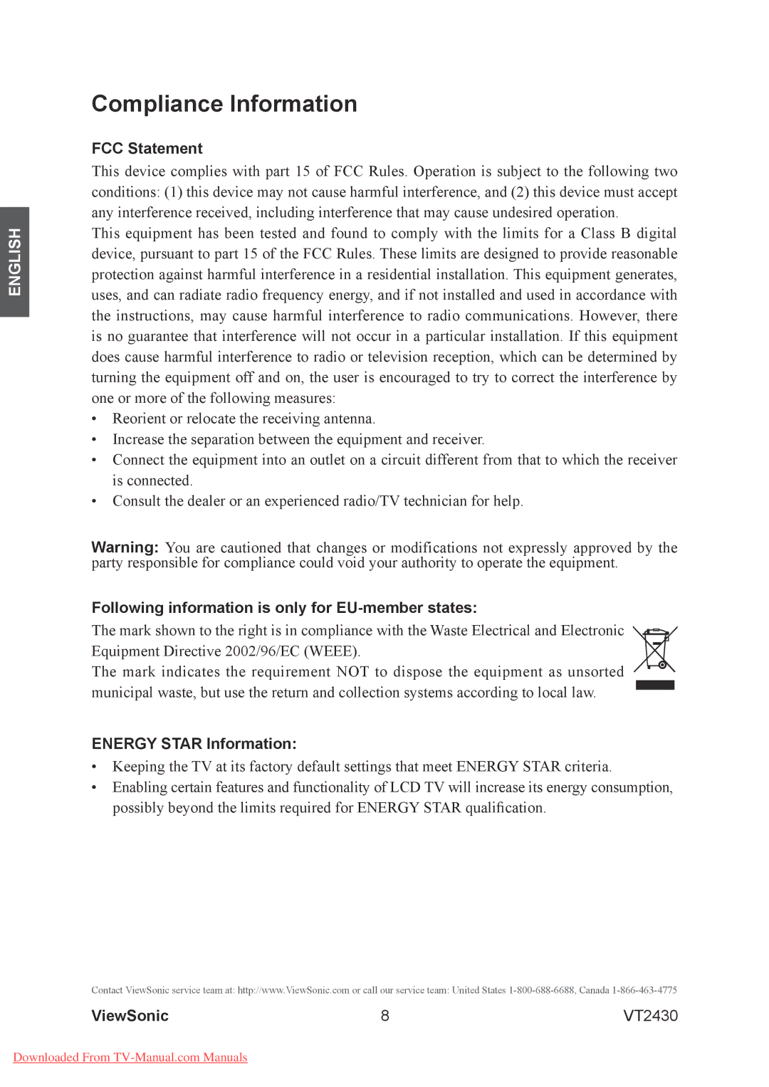 ViewSonic VT2430 warranty Compliance Information, FCC Statement, Following information is only for EU-member states 