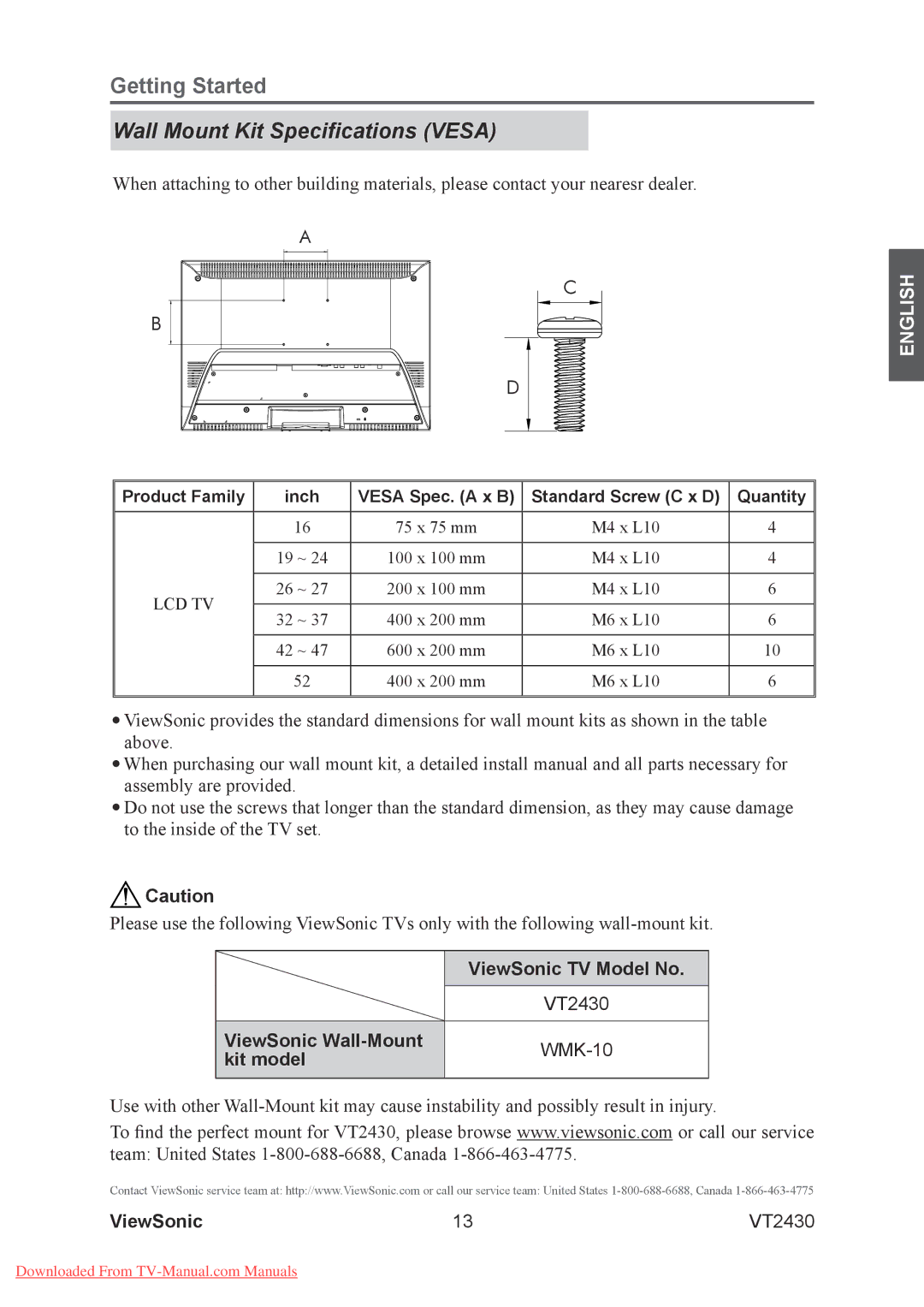 ViewSonic VT2430 warranty Wall Mount Kit Specifications Vesa, ViewSonic TV Model No 