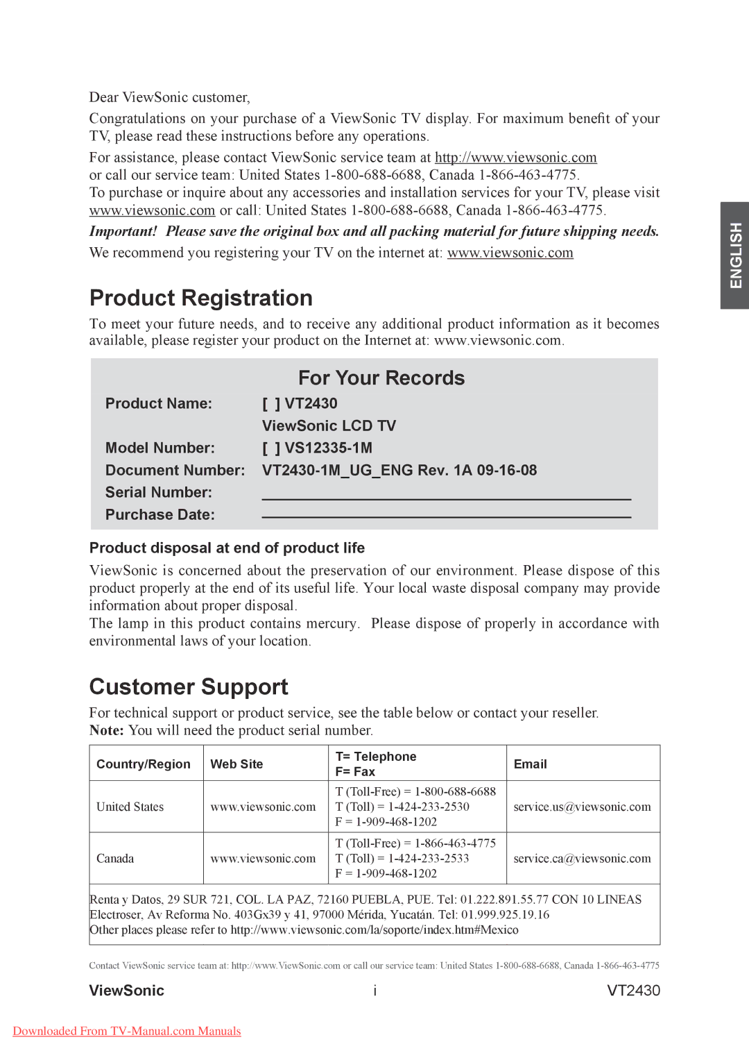 ViewSonic VT2430 warranty Product Registration, Customer Support, ViewSonic 