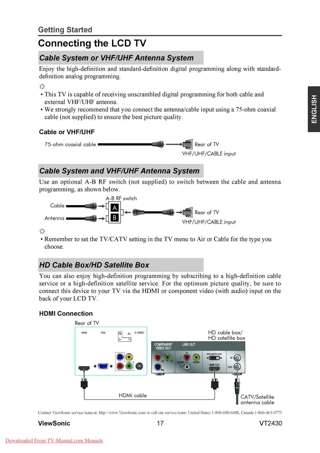 ViewSonic VT2430 Connecting the LCD TV, Cable System or VHF/UHF Antenna System, Cable System and VHF/UHF Antenna System 