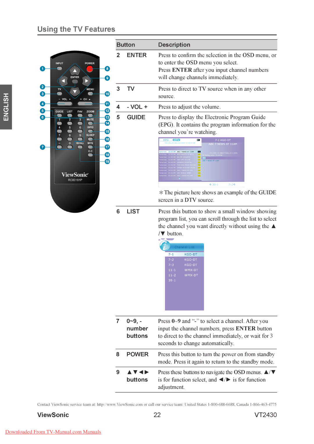 ViewSonic VT2430 warranty Number, Buttons 