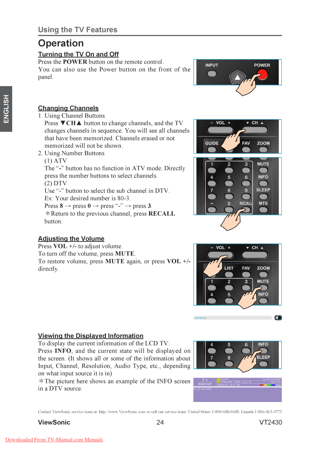 ViewSonic VT2430 warranty Operation, Turning the TV On and Off, Changing Channels, Adjusting the Volume 