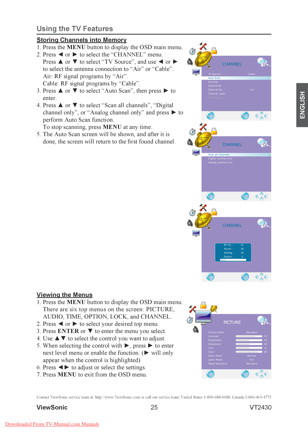 ViewSonic VT2430 warranty Storing Channels into Memory, Viewing the Menus 