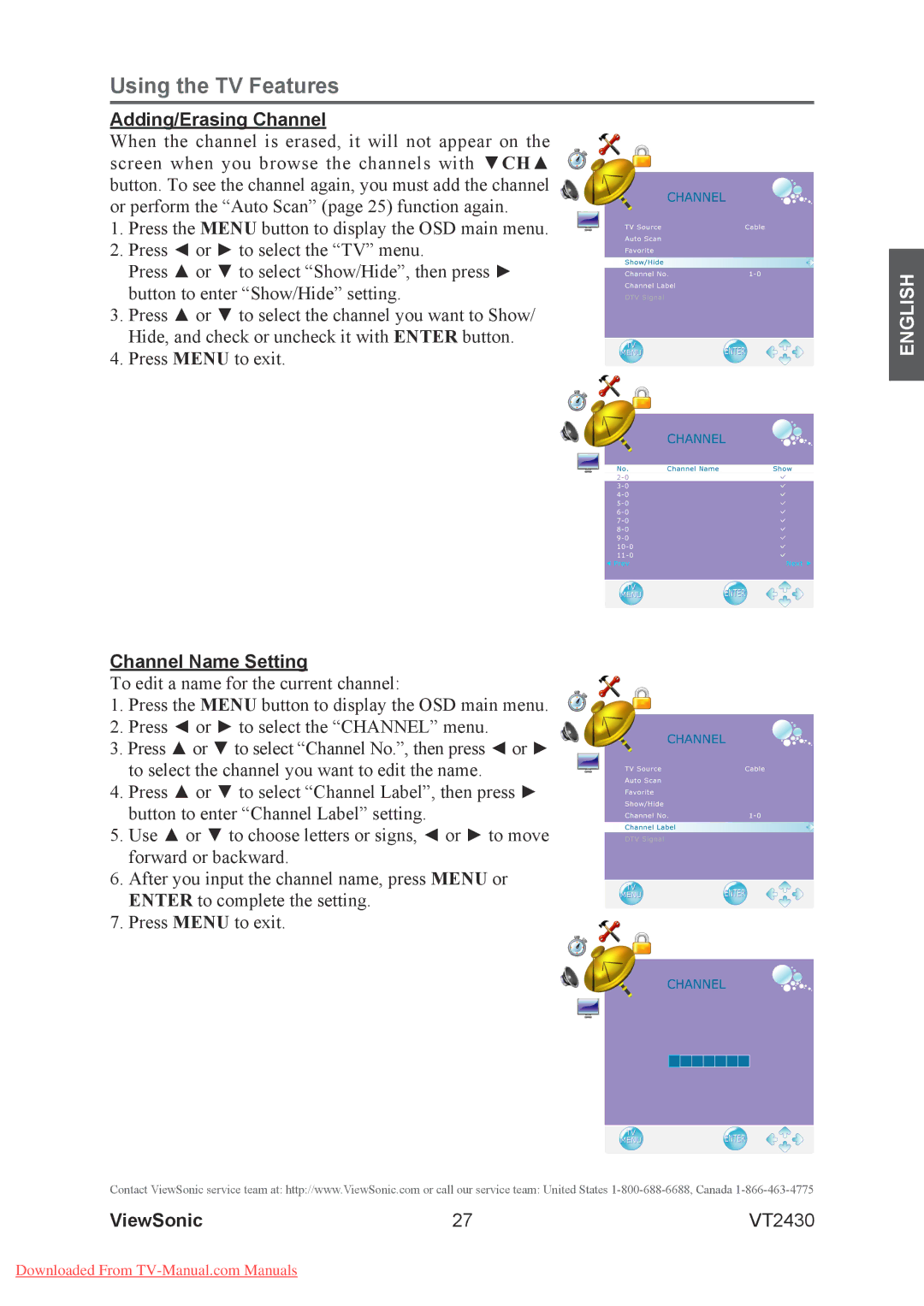 ViewSonic VT2430 warranty Adding/Erasing Channel, Channel Name Setting 