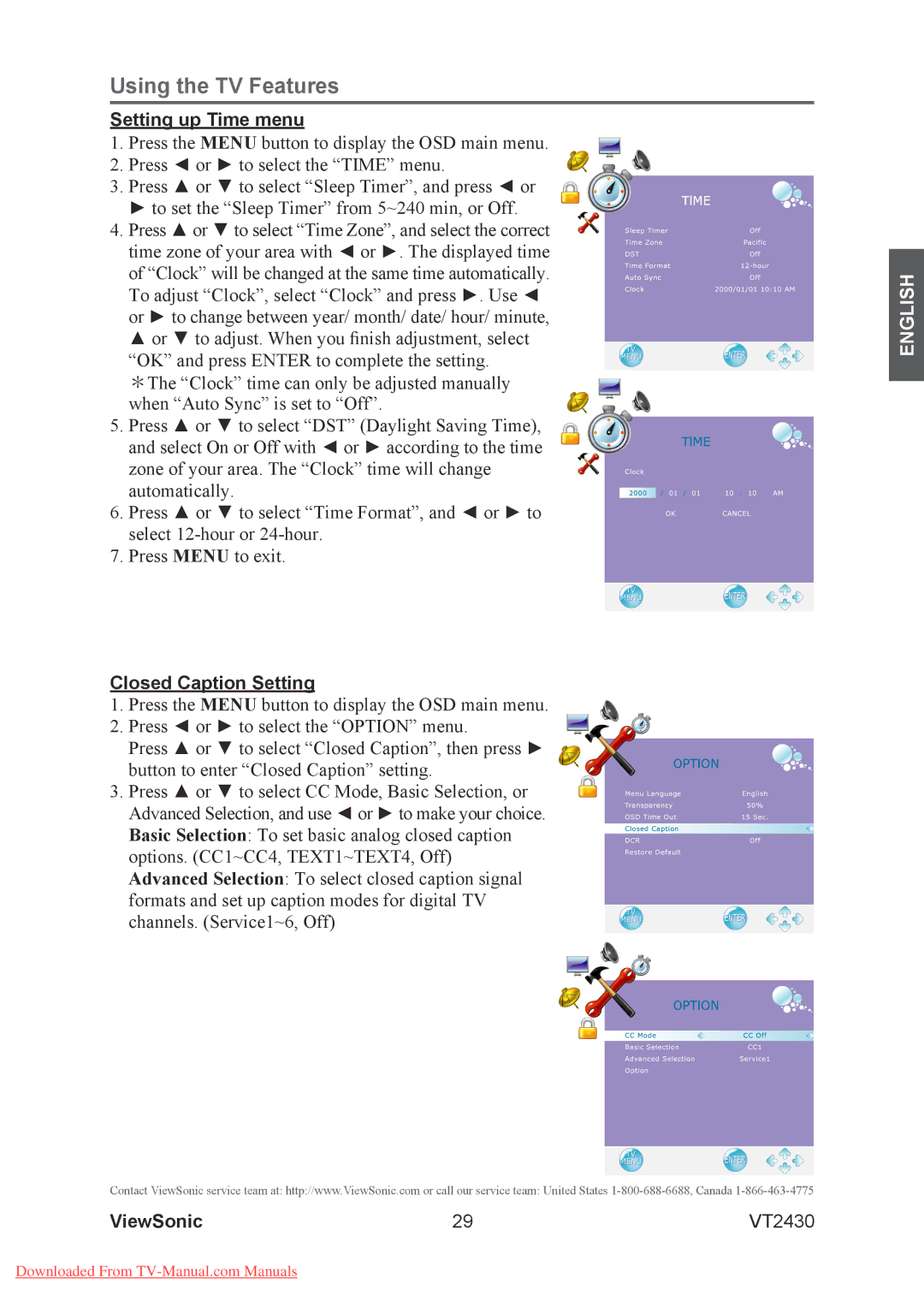 ViewSonic VT2430 warranty Setting up Time menu, Closed Caption Setting 