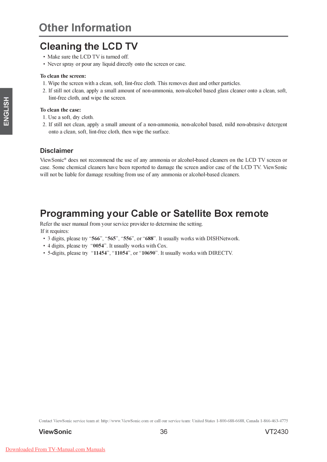 ViewSonic VT2430 warranty Cleaning the LCD TV, Programming your Cable or Satellite Box remote, Disclaimer 