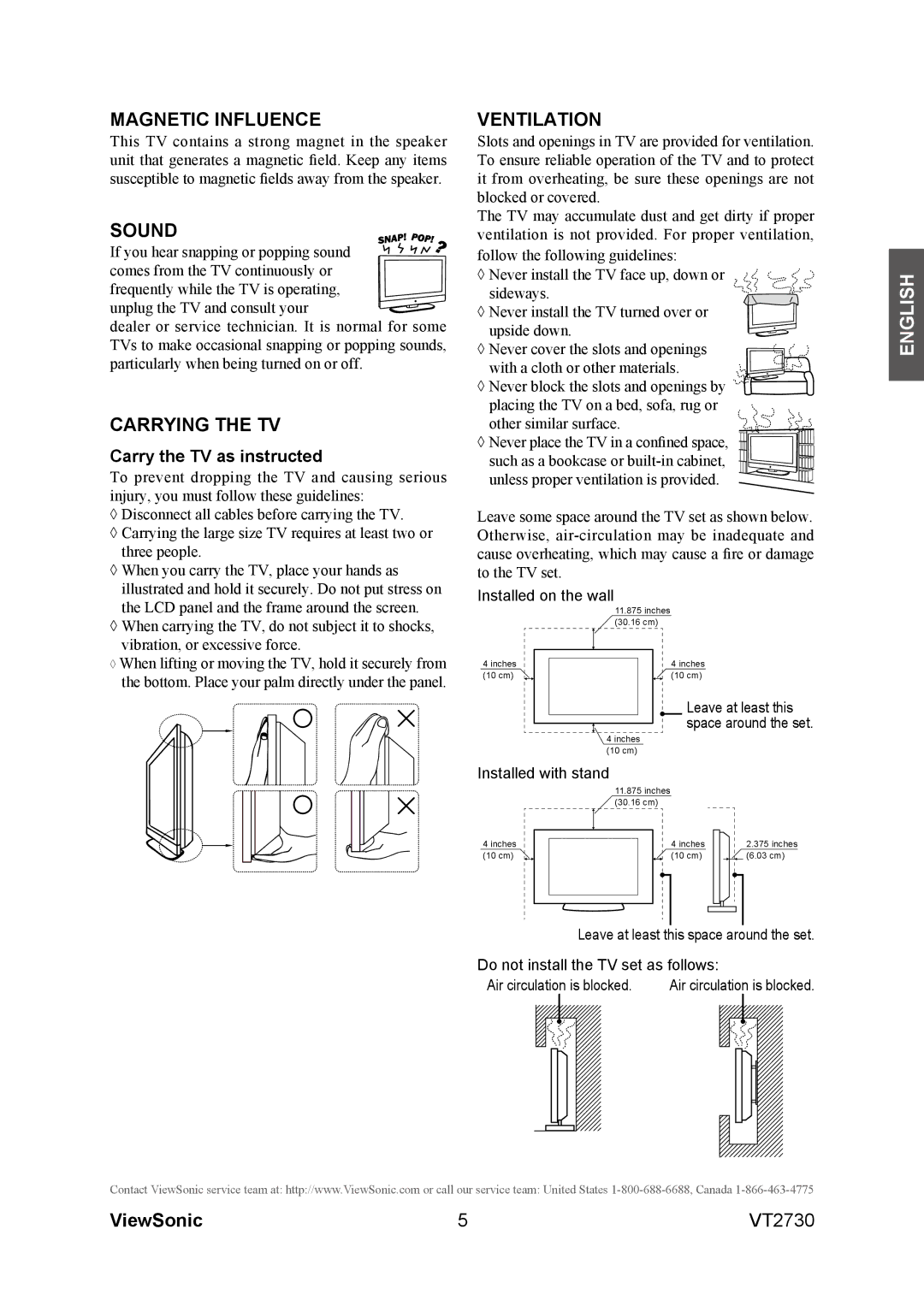 ViewSonic VT2730 warranty Magnetic Influence, Sound, Carrying the TV, Ventilation, Carry the TV as instructed 