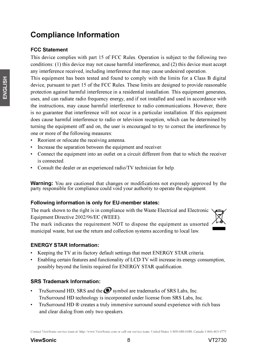 ViewSonic VT2730 warranty Compliance Information, FCC Statement, Following information is only for EU-member states 