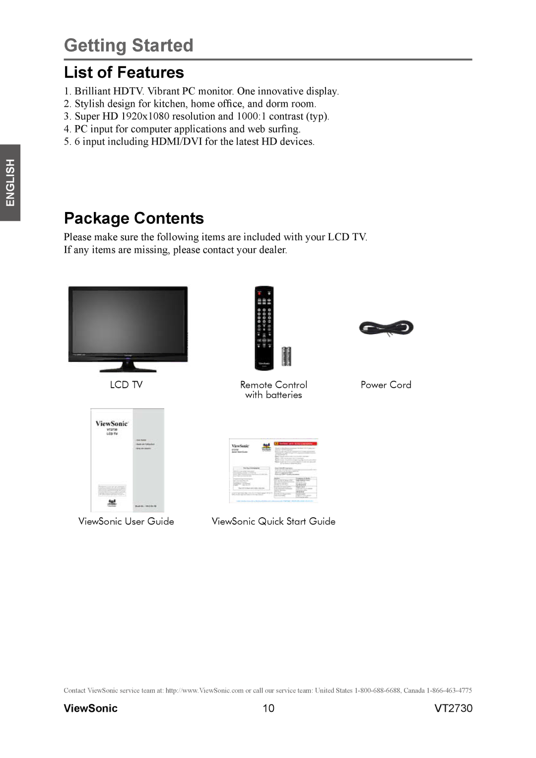 ViewSonic VT2730 warranty List of Features, Package Contents 