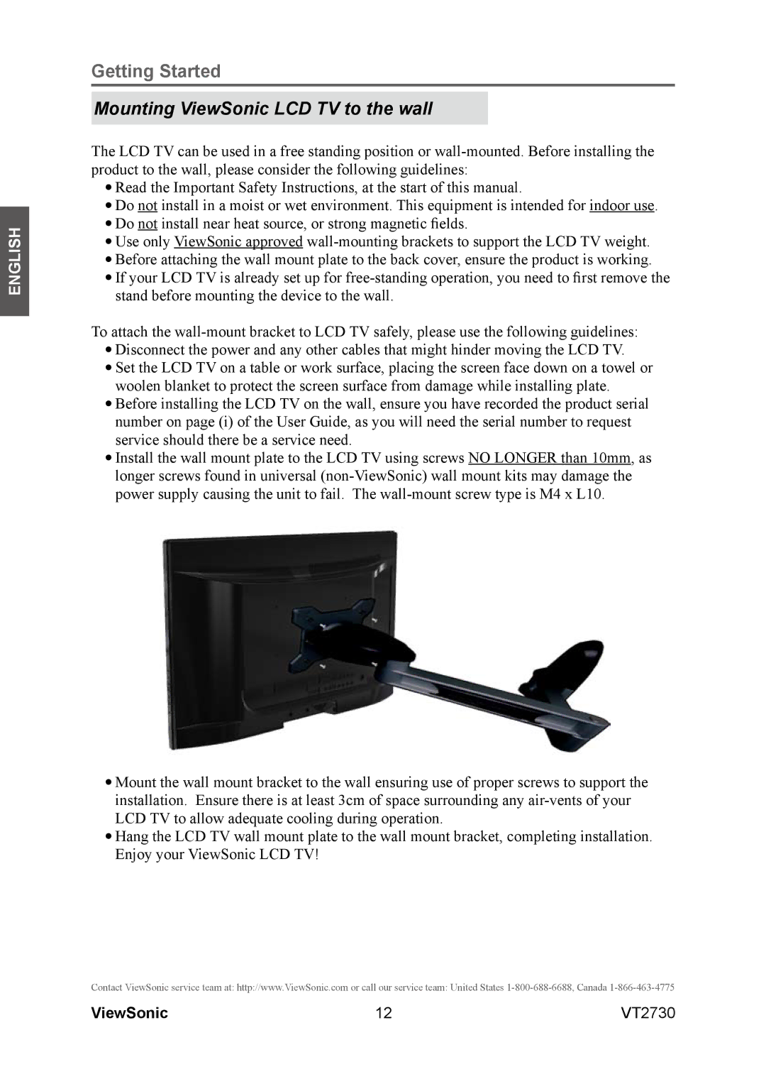 ViewSonic VT2730 warranty Mounting ViewSonic LCD TV to the wall 