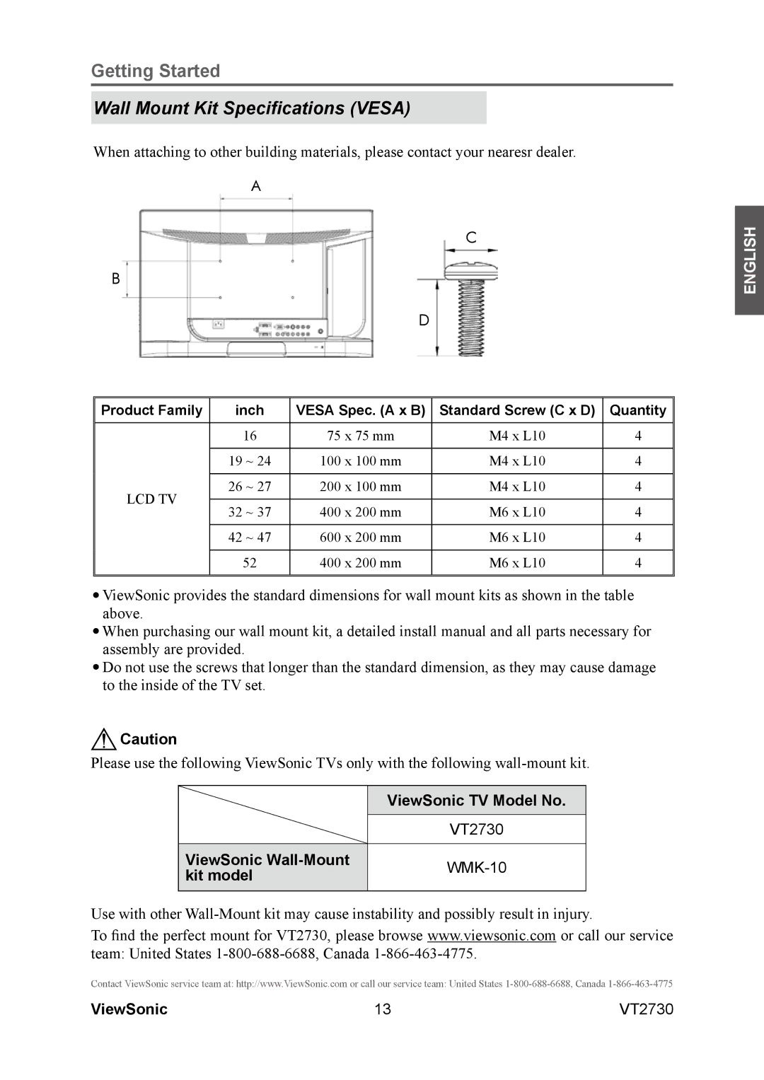 ViewSonic VT2730 warranty Wall Mount Kit Specifications Vesa, ViewSonic TV Model No 